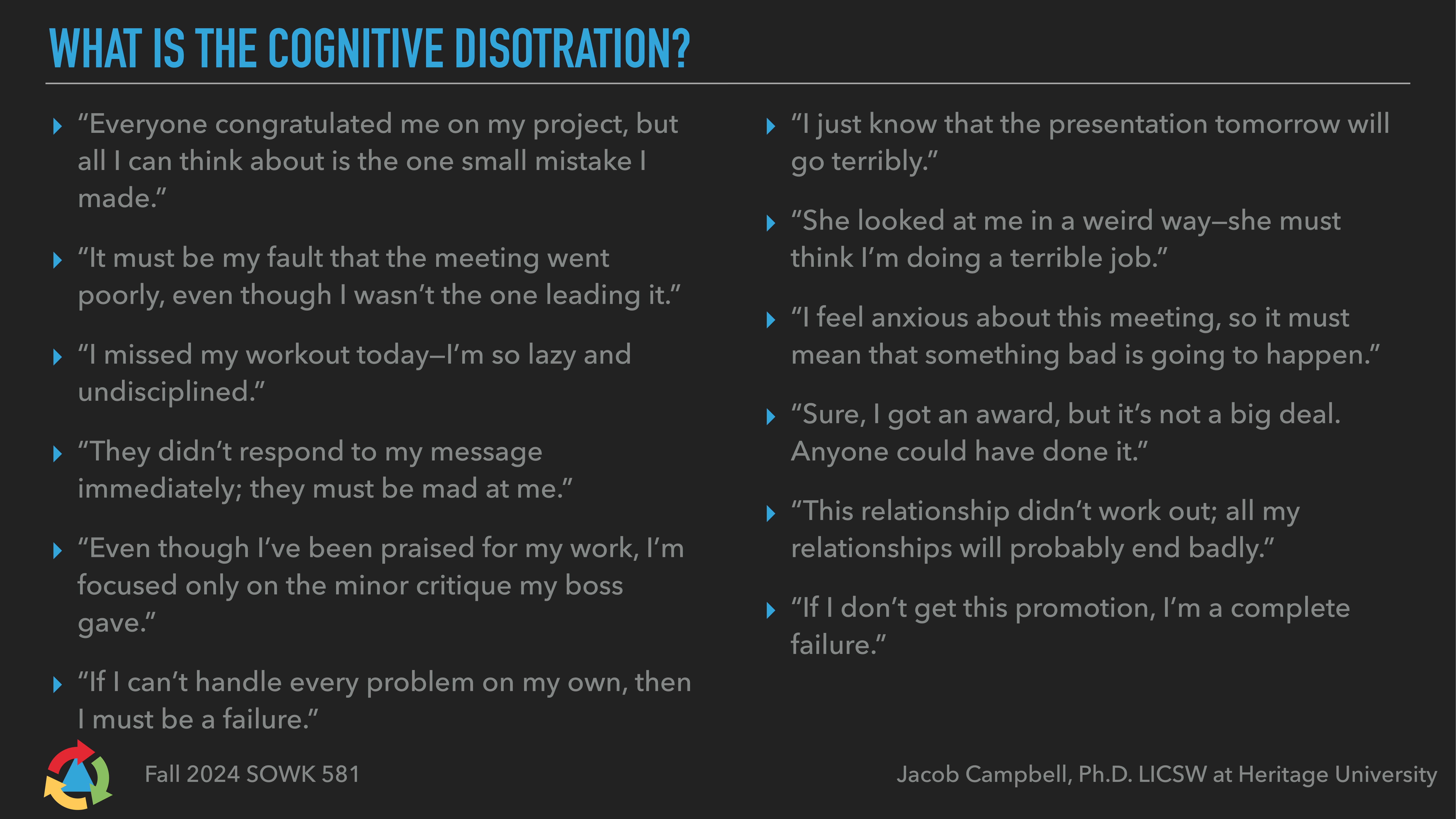 The slide lists examples of cognitive distortions in text form. It features statements highlighting negative self-assessment and irrational beliefs, titled 'WHAT IS THE COGNITIVE DISTORTION?' Context: educational presentation, Fall 2024 SOWK 581 by Jacob Campbell, Ph.D. LICSW at Heritage University.