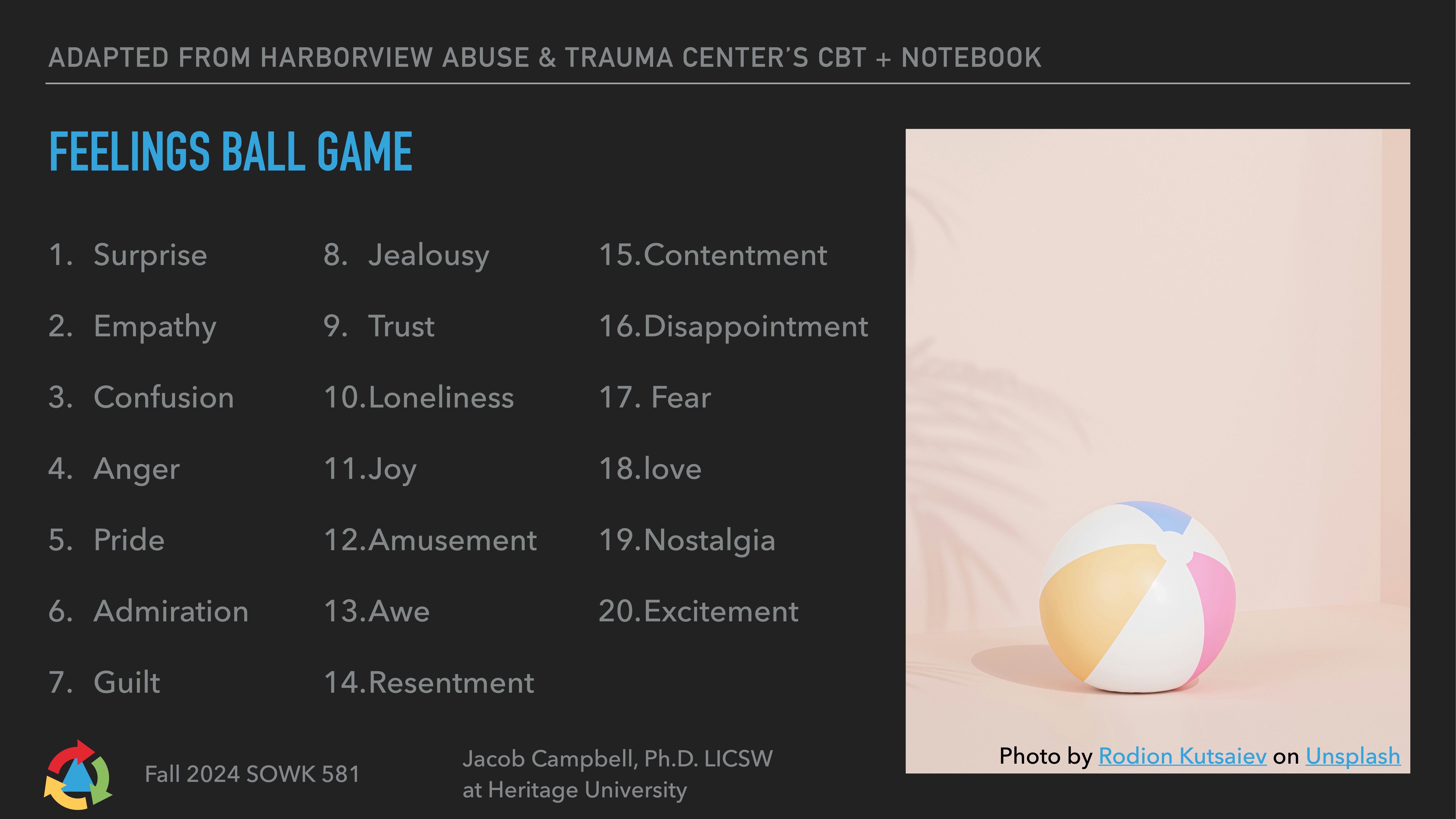 A list of emotions titled 'Feelings Ball Game' is shown. Emotions include surprise, empathy, and others. On the side, a photo of a colorful beach ball rests on a neutral background. Text: 'Adapted from Harborview Abuse & Trauma Center's CBT + Notebook. Fall 2024 SOWK 581. Jacob Campbell, Ph.D., LICSW at Heritage University. Photo by Rodion Kutsaiev on Unsplash.'