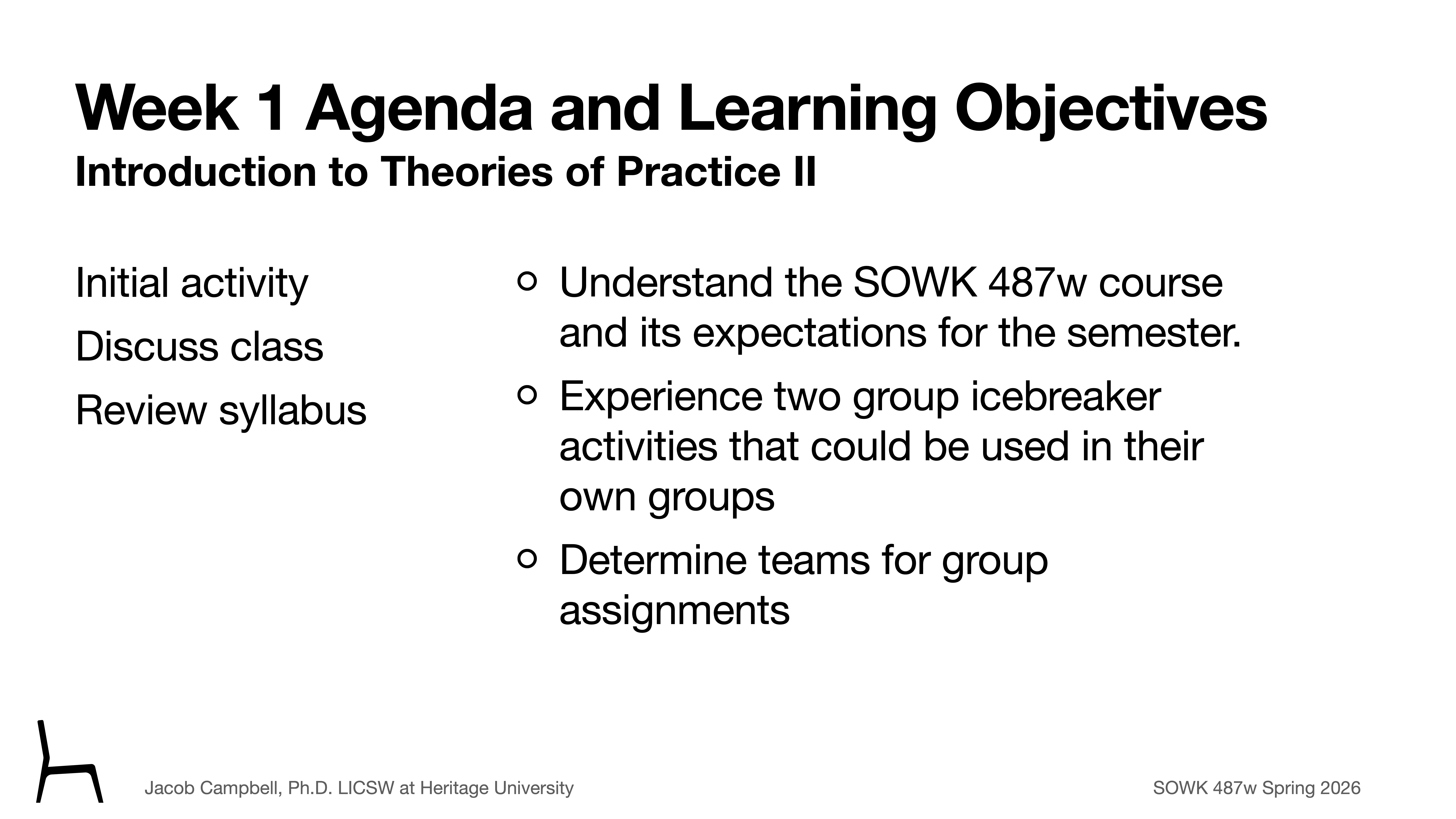 Slide displays 'Week 1 Agenda and Learning Objectives' for 'Introduction to Theories of Practice II,' listing activities like initial activity, class discussion, and syllabus review. Objectives include understanding SOWK 487w, experiencing group activities, and forming teams. Text notes Jacob Campbell, Ph.D., at Heritage University and SOWK 487w Spring 2026.