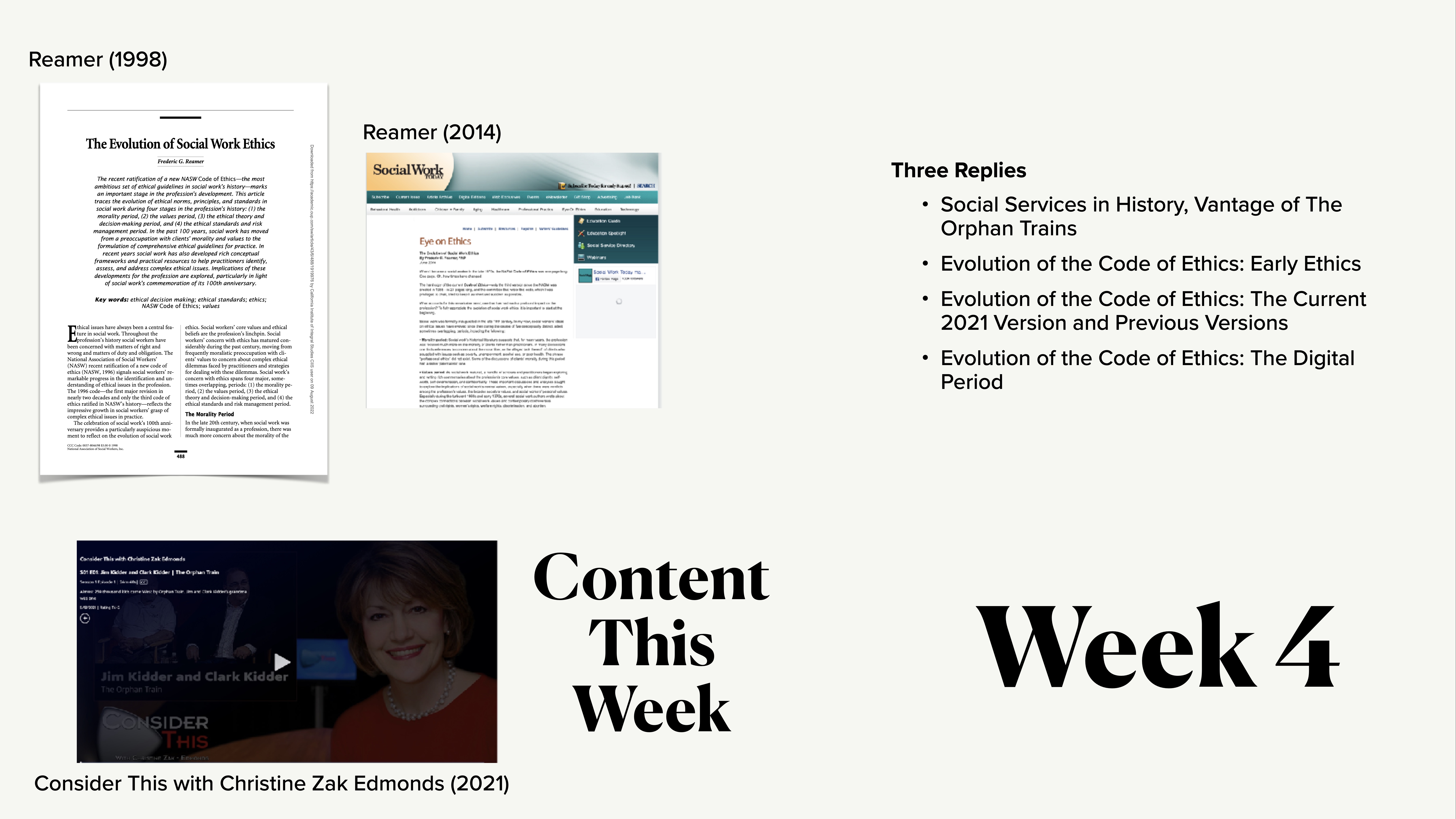 Three images of articles and a video thumbnail are shown against a white background. Text includes 'Content This Week,' 'Week 4,' and topics like 'Evolution of the Code of Ethics' with mentions of Reamer (1998, 2014) and Christine Zak Edmonds (2021).