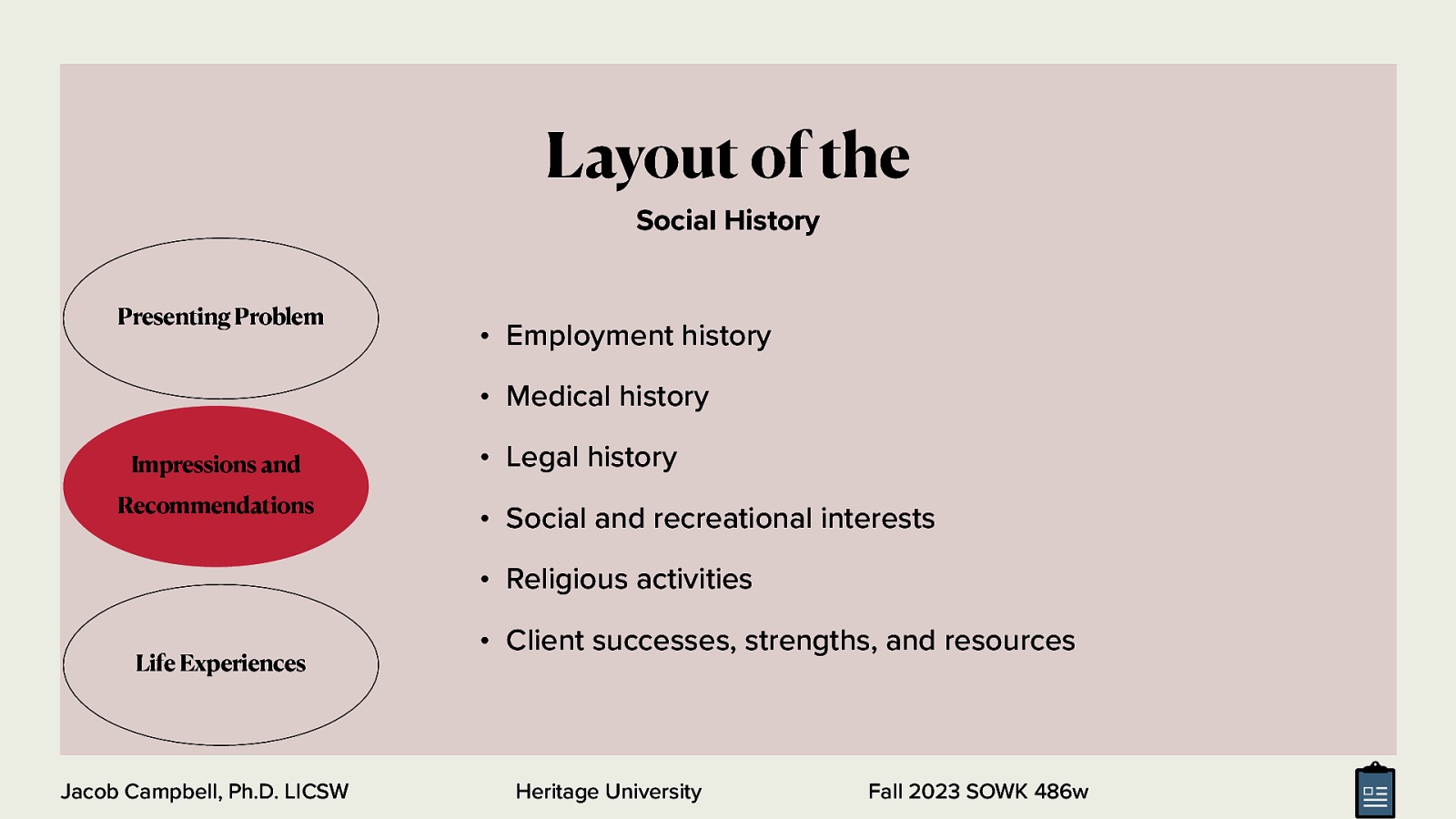 Layout of the Social History Presenting Problem • Employment history • Medical history Impressions and Recommendations • Legal history • Social and recreational interests • Religious activities Life Experiences Jacob Campbell, Ph.D. LICSW • Client successes, strengths, and resources Heritage University Fall 2023 SOWK 486w
