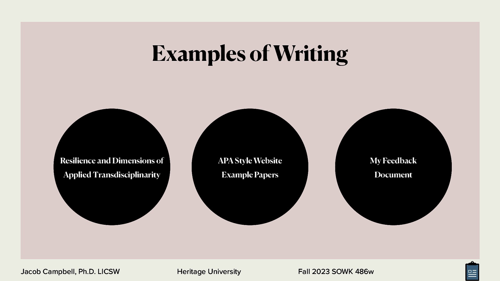 Examples of Writing Resilience and Dimensions of APA Style Website My Feedback Applied Transdisciplinarity Example Papers Document Jacob Campbell, Ph.D. LICSW Heritage University Fall 2023 SOWK 486w
