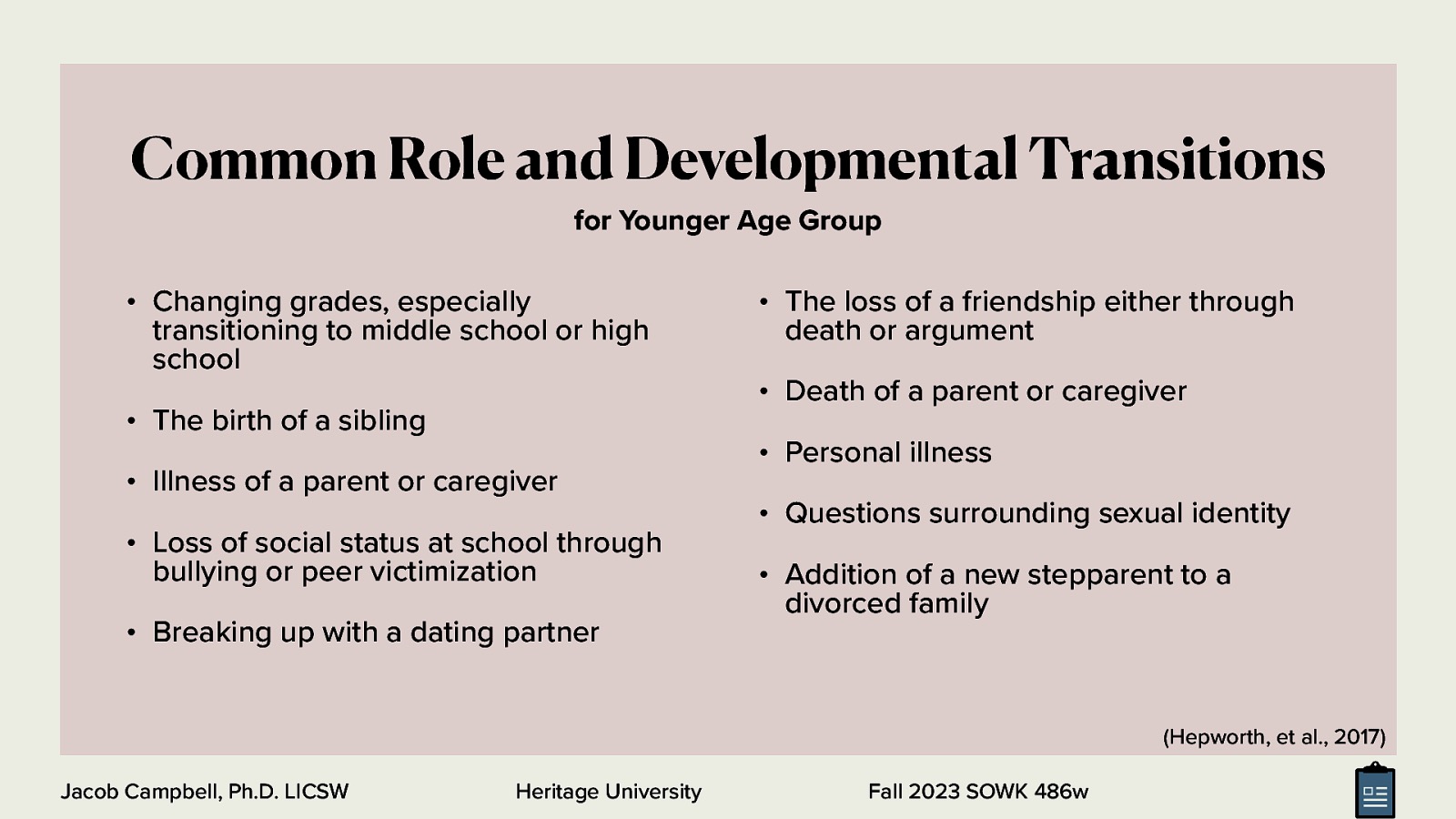 Common Role and Developmental Transitions for Younger Age Group • Changing grades, especially transitioning to middle school or high school • The birth of a sibling • Illness of a parent or caregiver • Loss of social status at school through bullying or peer victimization • Breaking up with a dating partner • The loss of a friendship either through death or argument • Death of a parent or caregiver • Personal illness • Questions surrounding sexual identity • Addition of a new stepparent to a divorced family (Hepworth, et al., 2017) Jacob Campbell, Ph.D. LICSW Heritage University Fall 2023 SOWK 486w
