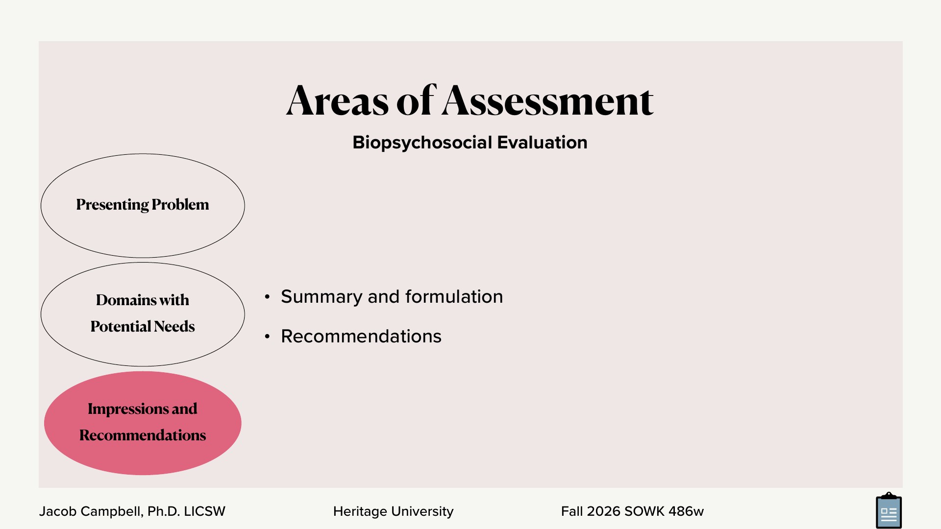 A presentation slide titled 'Areas of Assessment,' subtitled 'Biopsychosocial Evaluation,' shows three stacked ovals: 'Presenting Problem,' 'Domains with Potential Needs,' and a highlighted red 'Impressions and Recommendations.' Bullets beside the middle oval read 'Summary and formulation' and 'Recommendations.' Footer: 'Jacob Campbell, Ph.D. LICSW | Heritage University | Fall 2026 SOWK 486w.'