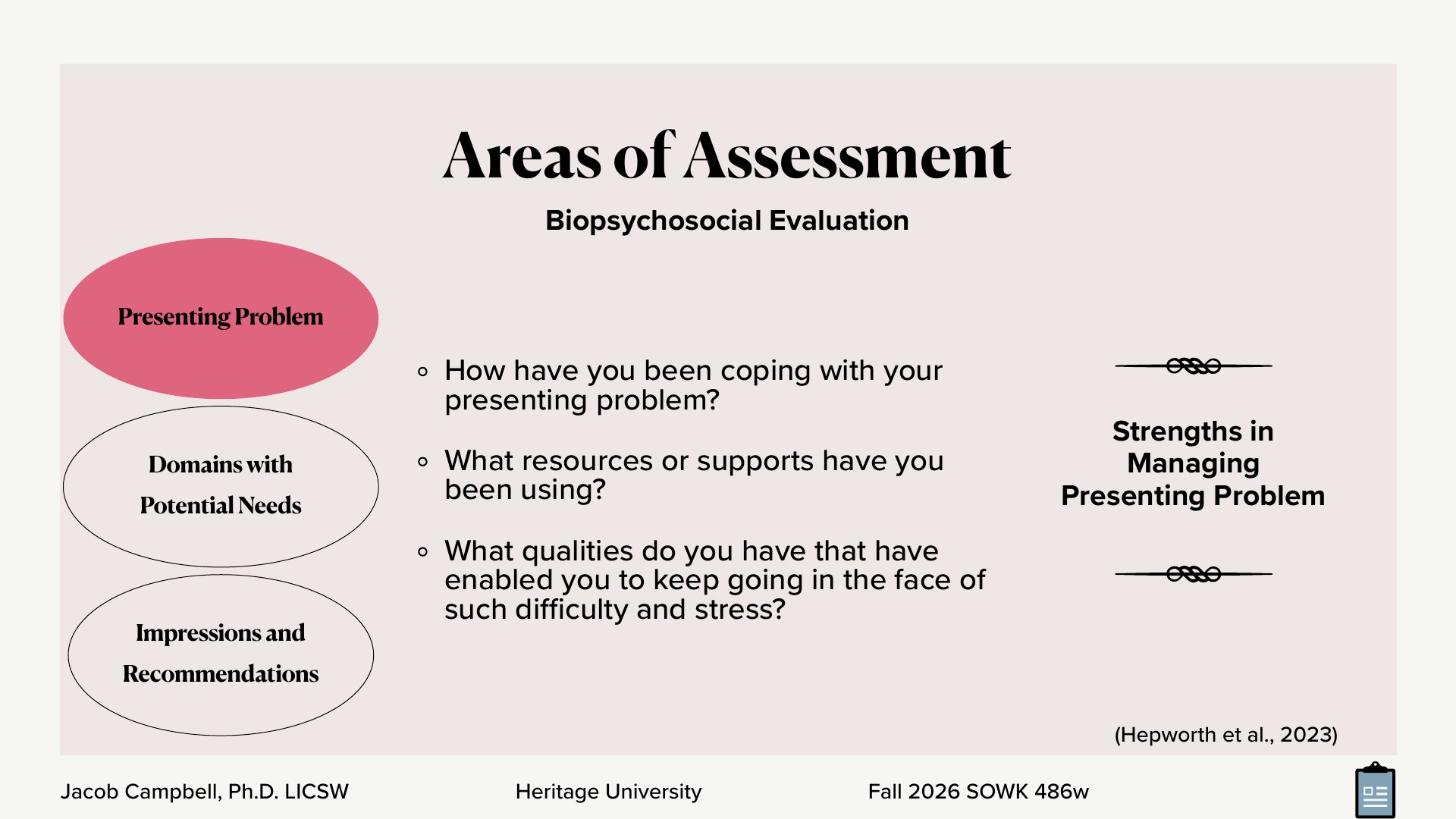 A slide titled 'Areas of Assessment,' subtitled 'Biopsychosocial Evaluation,' shows a vertical list of three ovals on the left, with 'Presenting Problem' highlighted in pink. Beside it, three bulleted questions appear: 'How have you been coping with your presenting problem?', 'What resources or supports have you been using?', and 'What qualities do you have that have enabled you to keep going in the face of such difficulty and stress?' A 'Strengths in Managing Presenting Problem' label sits on the right. The footer reads 'Jacob Campbell, Ph.D. LICSW | Heritage University | Fall 2026 SOWK 486w,' with the citation '(Hepworth et al., 2023).'