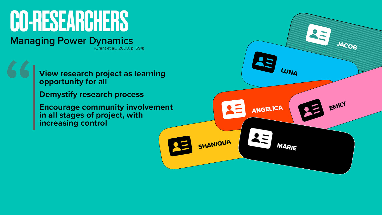  Power dynamics is an important topic when it comes to any part of PAR and study. This is especially true when the primary researcher has prior experience and connection with co-researchers. I have worked collaboratively with Angelica in the past and had shared students. In my role as an adjunct at the university I was one of Shaniqua and Luna’s teachers as they worked on their BA in social work before going on to their MSW program.  Grant et al (2008) have a chapter in a handbook for participatory research about relationships and power in PAR. I will use a few of their strategies to explain how I managed challenges related to power imbalances. One strategy they describe is to “view research project as learning opportunity for all.” I was an active participant in the discussion, and took responsibility for creating the agenda and helping facilitate the discussion, I learned a lot as we went through the process. I will be sharing some examples of the new and novel ideas that were generated. The co-researchers all were vulnerable in sharing and growing their practice during the sessions. This emergent nature of this study is further evidence of this viewpoint. Another strategy is to demystify the research process. The orientation session was focused almost exclusively on this. A third strategy that is encouraged is to encourage involvement in all stages of the project, with increasing control. The individual entry interviews were how I developed all of the agendas of each meeting. Members would often bring up ideas and directions they wanted the conversation to go. For example, during one of the sessions, Shaniqua made the comment “maybe we can talk about how do we tap out?” while we were talking about managing when we get frustrated working with a student or being triggered ourselves.
