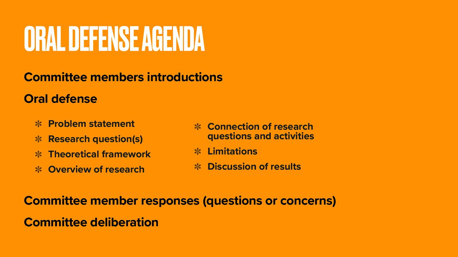 Potential Agenda Committee members introductions Oral defense  Problem statement Research question(s) Theoretical framework Overview of research Connection of research questions and activities Limitations Discussion of results Committee member responses (questions or concerns) Committee deliberation 
