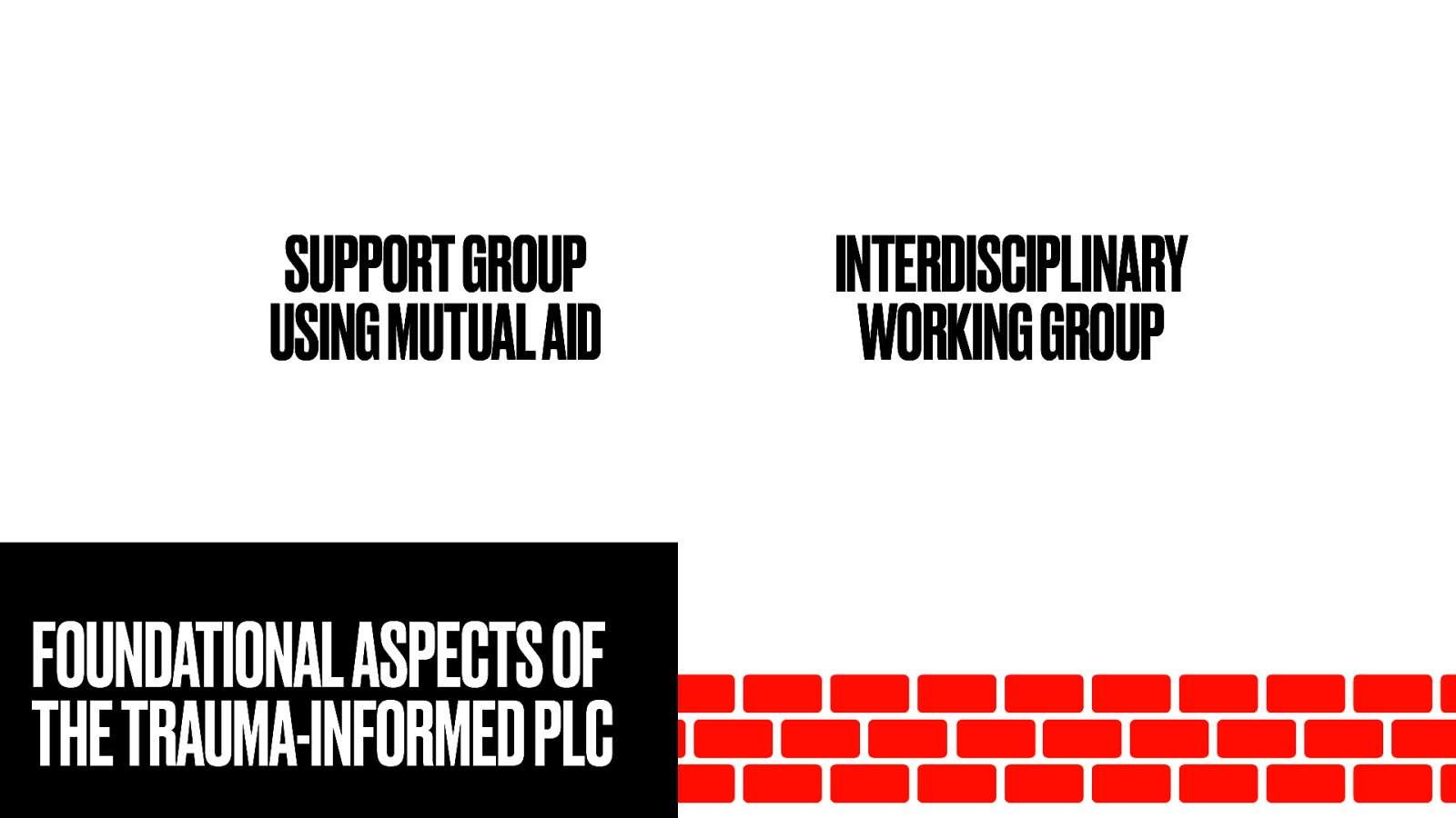  There were two foundation aspects that appeared through the sessions and seem important and different than most PLCs. These included:   We functioned as a type of support group following a mutual aid model. We came together as an interdisciplinary working group. 
