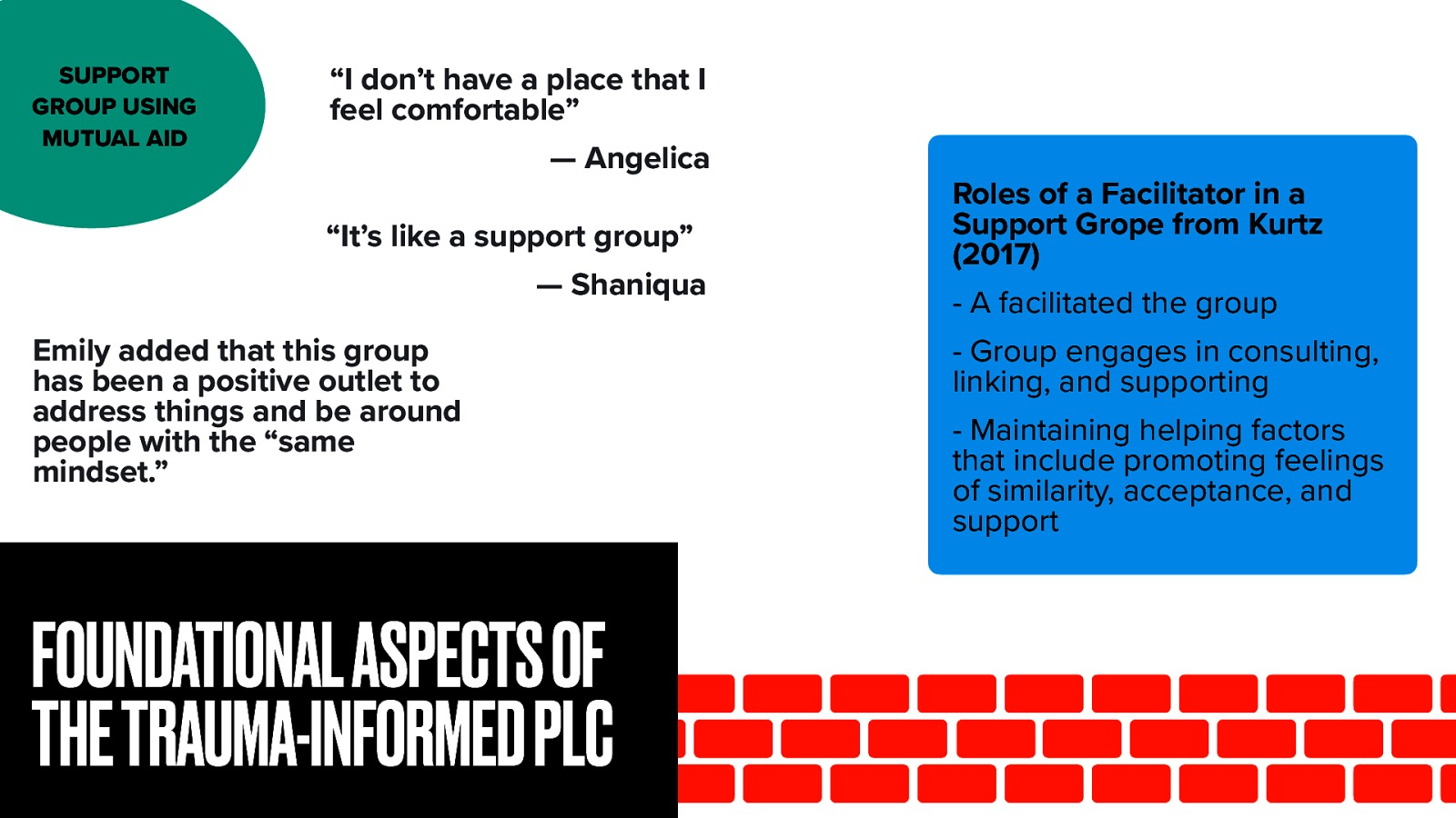  The literature around PLCs rarely focuses on the mutual aid aspects of a PLC. In examples when they do discuss it, it might be focused on resources and supplies.   Group members shared that they felt like our group was a support group in a more therapeutic sense. Shaniqua went right out and stated “it’s like a support group.” Angelica described feeling like “I don’t have a place that I feel comfortable” but how she felt comfortable with us in our group. Emily added that this group has been a positive outlet to address things and be around people with the “same mindset.”  When we took the ProQOL most all of the members scored a medium on either burnout or secondary traumatic stress (or both). The medium score mean that it is effecting you and your work to some extent and consistent with other staff in behavioral programs we have elevated levels of compassion fatigue. Being a support group seems necessary. Some of the roles and functions we used in this support group included those described by Kurtz (2017)  A facilitated the group Group engages in consulting, linking, and supporting Maintaining helping factors that includes promote feelings of similarity, acceptance, and support 
