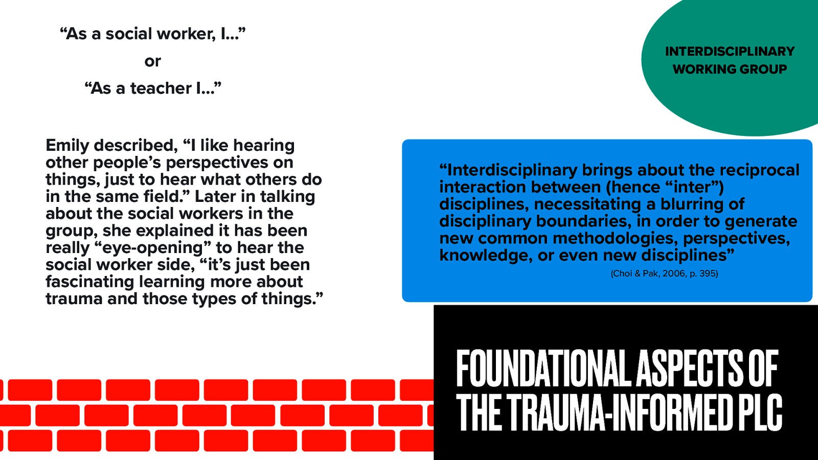  Interdisciplinary PLCs is another area that I was unable to find any research or implementaiton. There are many interdisciplinary teams in schools (IEP, Multitiered systems of support, my behavior team, etc) but not as a PLC. It seems to always be siloed  Having our group be made up of teachers, social workers and a para seemed very useful and helpful. There would be comments in the group such as:  “As a social worker, I…” or “As a teacher I…”  As well: Emily described, “I like hearing other people’s perspectives on things, just to hear what others do in the same field.” Later in talking about the social workers in the group, she explained it has been really “eye-opening” to hear the social worker side, “it’s just been fascinating learning more about trauma and those types of things.” Choi and Pak (2006) provide a definition of interdisciplinary that I appreciate and aligns with my ideas.  “Interdisciplinary brings about the reciprocal interaction between (hence “inter”) disciplines, necessitating a blurring of disciplinary boundaries, in order to generate new common methodologies, perspectives, knowledge, or even new disciplines” 
