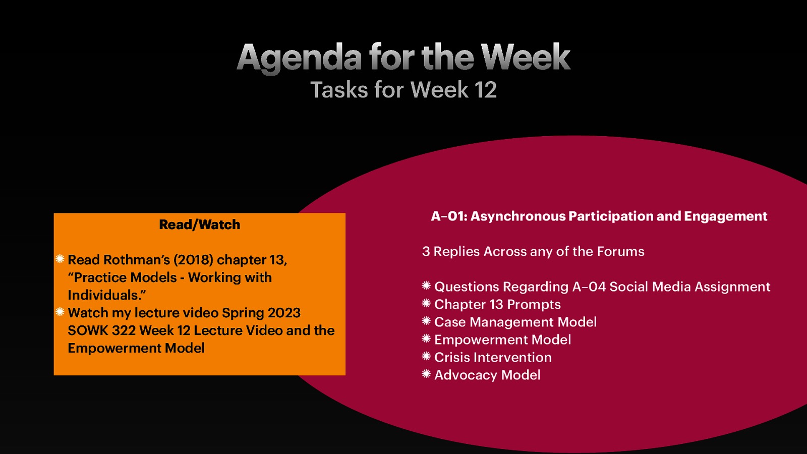 Agenda for the Week Tasks for Week 12 Read/Watch Read Rothman’s (2018) chapter 13, “Practice Models - Working with Individuals.” Watch my lecture video Spring 2023 SOWK 322 Week 12 Lecture Video and the Empowerment Model A–01: Asynchronous Participation and Engagement 3 Replies Across any of the Forums Questions Regarding A–04 Social Media Assignment Chapter 13 Prompts Case Management Model Empowerment Model Crisis Intervention Advocacy Model
