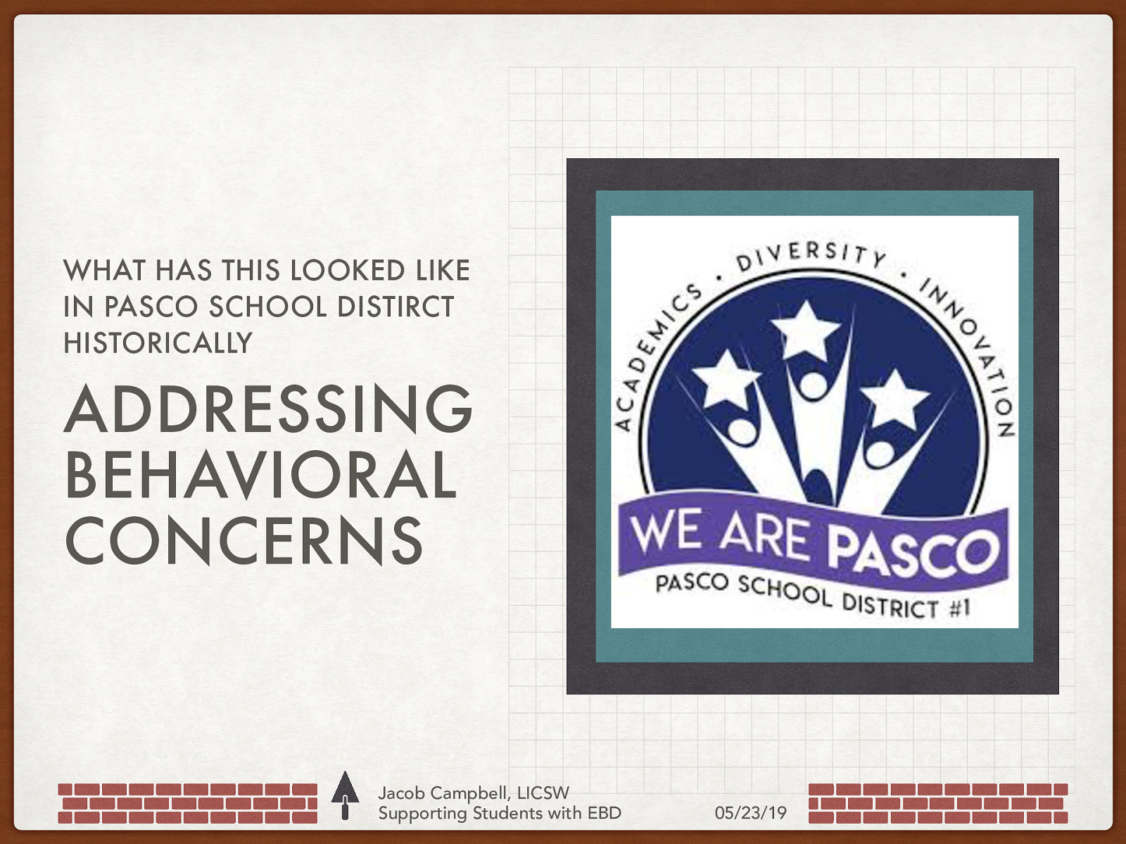 WHAT HAS THIS LOOKED LIKE IN PASCO SCHOOL DISTIRCT HISTORICALLY ADDRESSING BEHAVIORAL CONCERNS Jacob Campbell, LICSW Supporting Students with EBD 05/23/19
