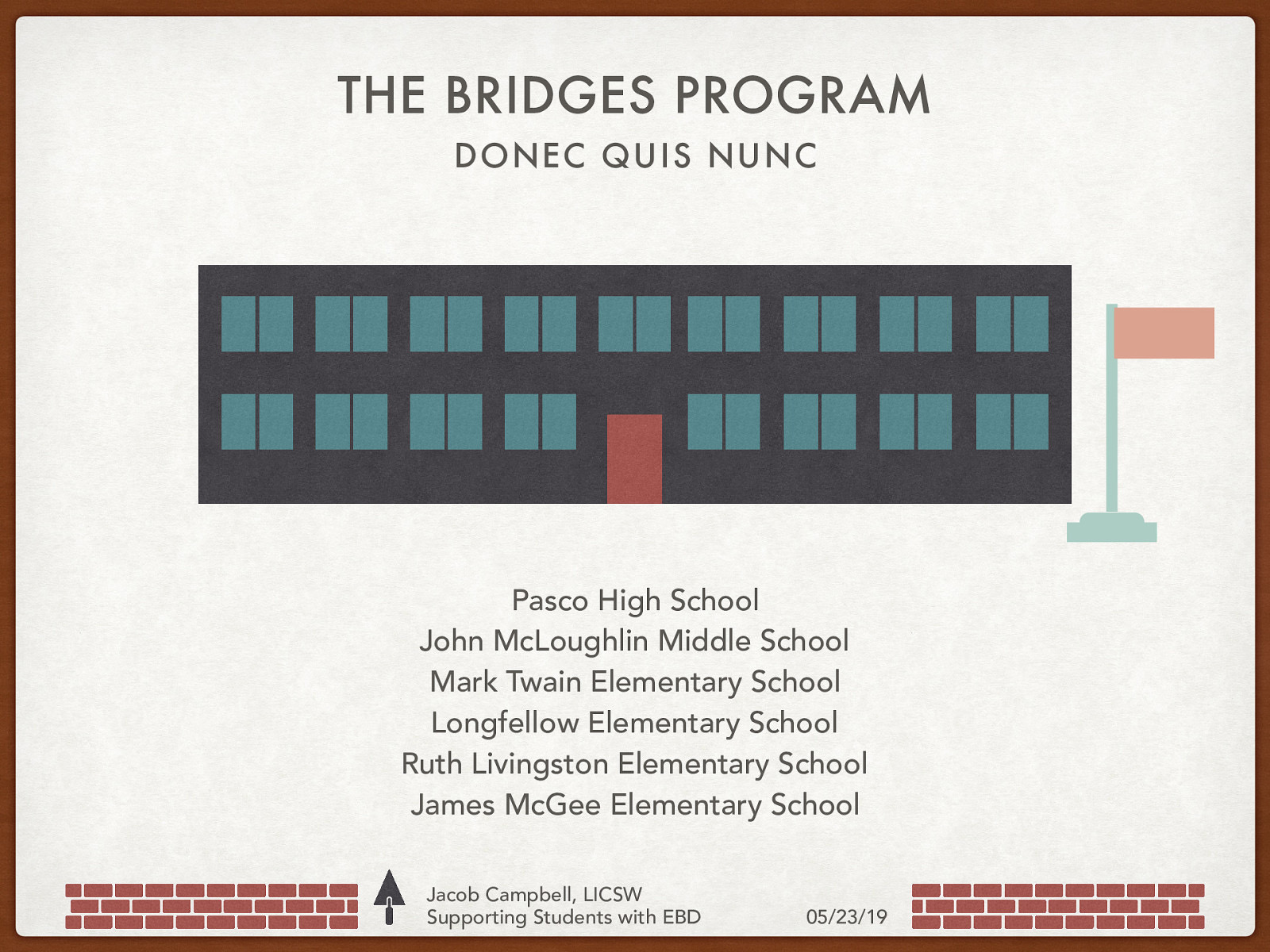 THE BRIDGES PROGRAM DONEC QUIS NUNC Pasco High School John McLoughlin Middle School Mark Twain Elementary School Longfellow Elementary School Ruth Livingston Elementary School James McGee Elementary School Jacob Campbell, LICSW Supporting Students with EBD 05/23/19
