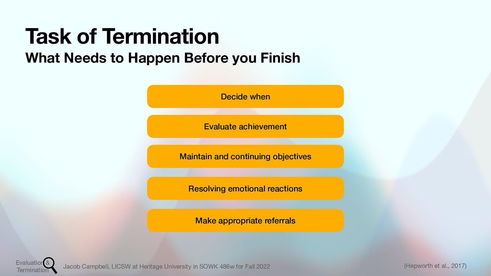 Task of Termination What Needs to Happen Before you Finish Decide when Evaluate achievement Maintain and continuing objectives Resolving emotional reactions Make appropriate referrals Evaluation & Termination Jacob Campbell, LICSW at Heritage University in SOWK 486w for Fall 2022 (Hepworth et al., 2017)
