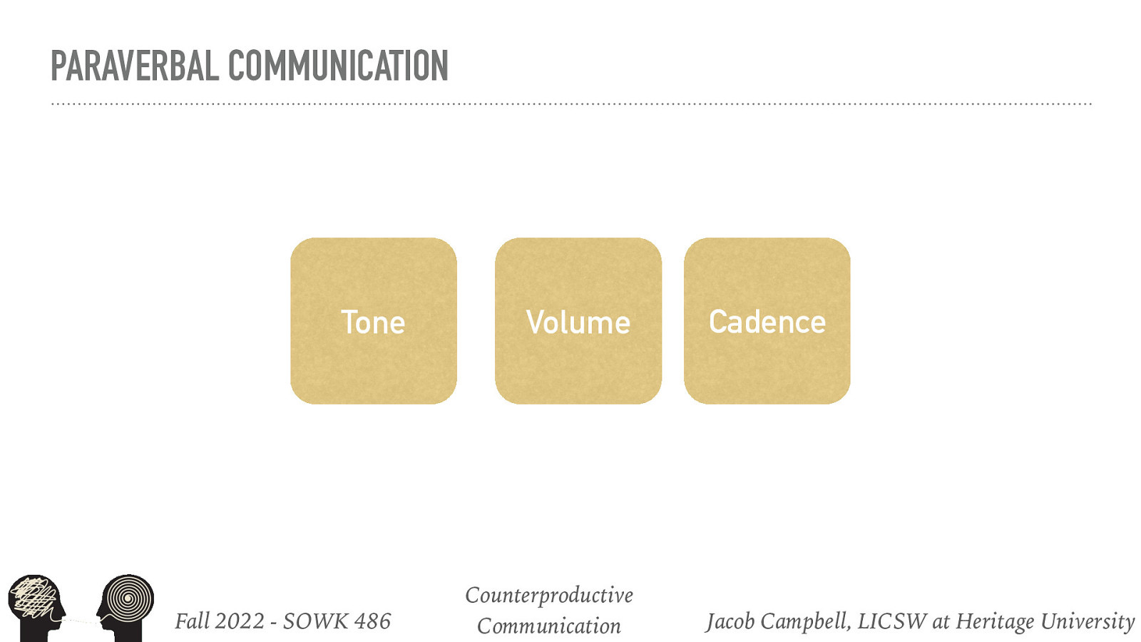 PARAVERBAL COMMUNICATION Tone Fall 2022 - SOWK 486 Volume Counterproductive Communication Cadence Jacob Campbell, LICSW at Heritage University
