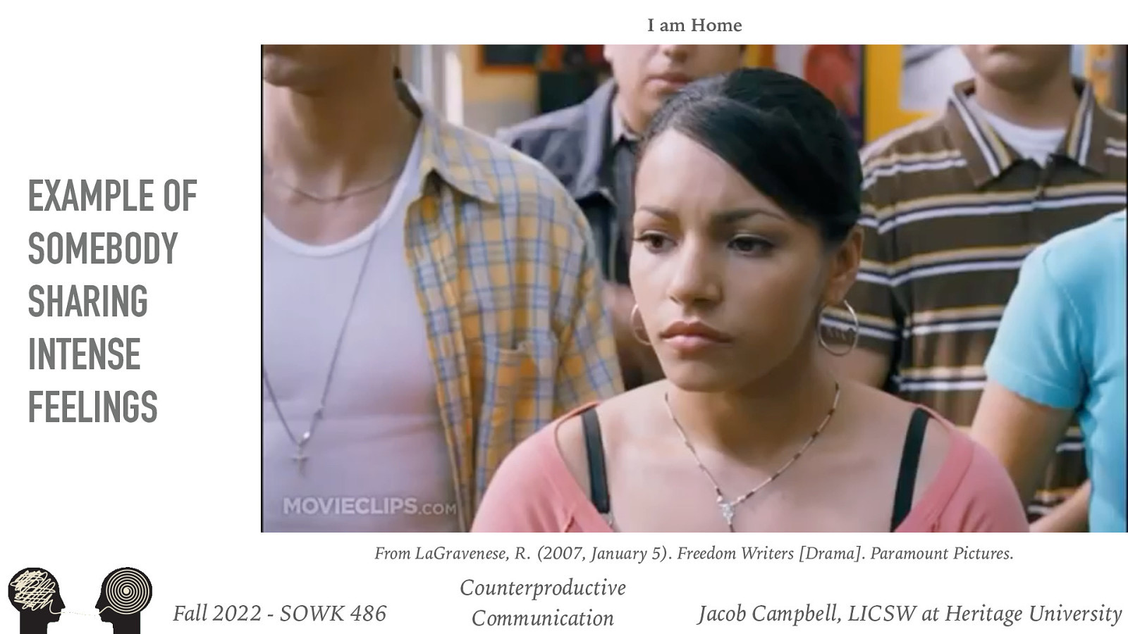 I am Home EXAMPLE OF SOMEBODY SHARING INTENSE FEELINGS From LaGravenese, R. (2007, January 5). Freedom Writers [Drama]. Paramount Pictures. Fall 2022 - SOWK 486 Counterproductive Communication Jacob Campbell, LICSW at Heritage University
