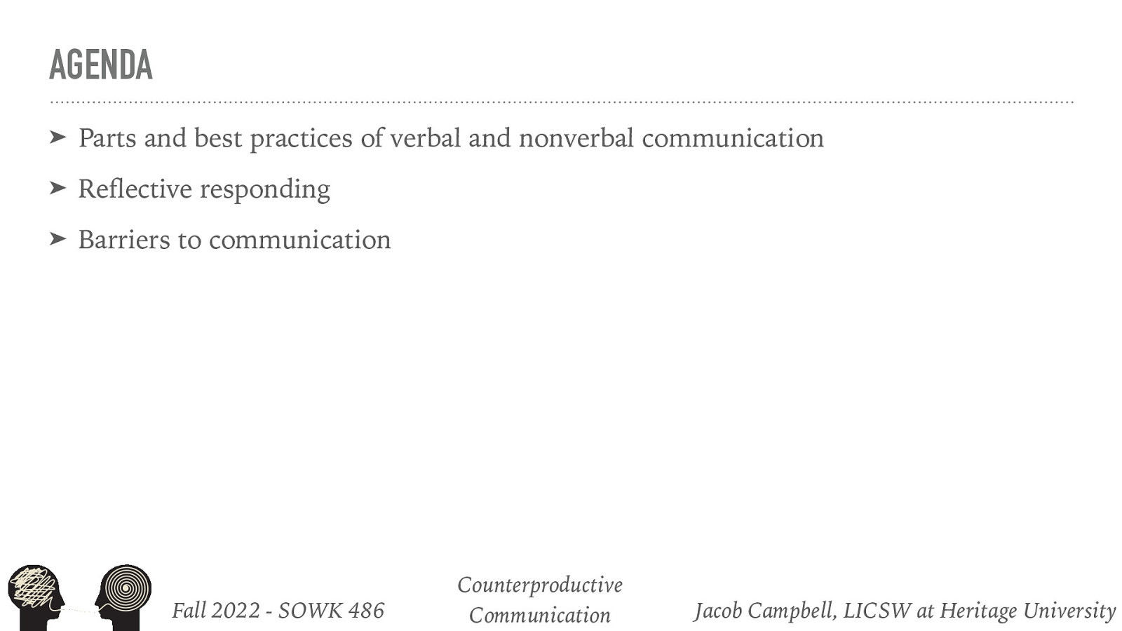 AGENDA ➤ Parts and best practices of verbal and nonverbal communication ➤ Re ective responding ➤ Barriers to communication fl Fall 2022 - SOWK 486 Counterproductive Communication Jacob Campbell, LICSW at Heritage University
