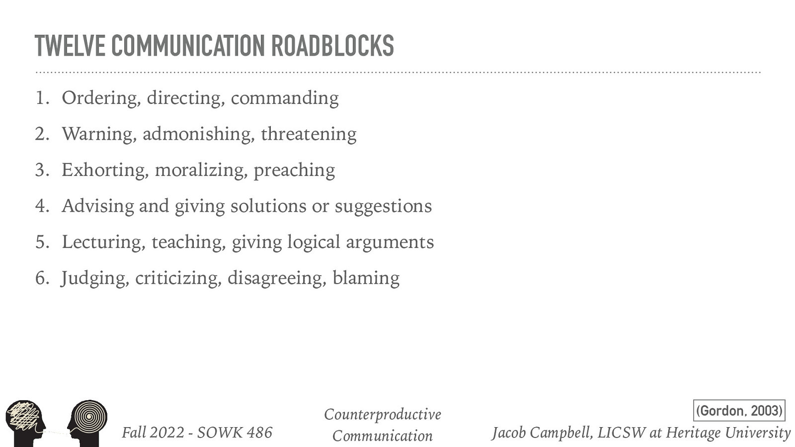 TWELVE COMMUNICATION ROADBLOCKS 1. Ordering, directing, commanding 2. Warning, admonishing, threatening 3. Exhorting, moralizing, preaching 4. Advising and giving solutions or suggestions 5. Lecturing, teaching, giving logical arguments 6. Judging, criticizing, disagreeing, blaming Fall 2022 - SOWK 486 Counterproductive Communication (Gordon, 2003) Jacob Campbell, LICSW at Heritage University
