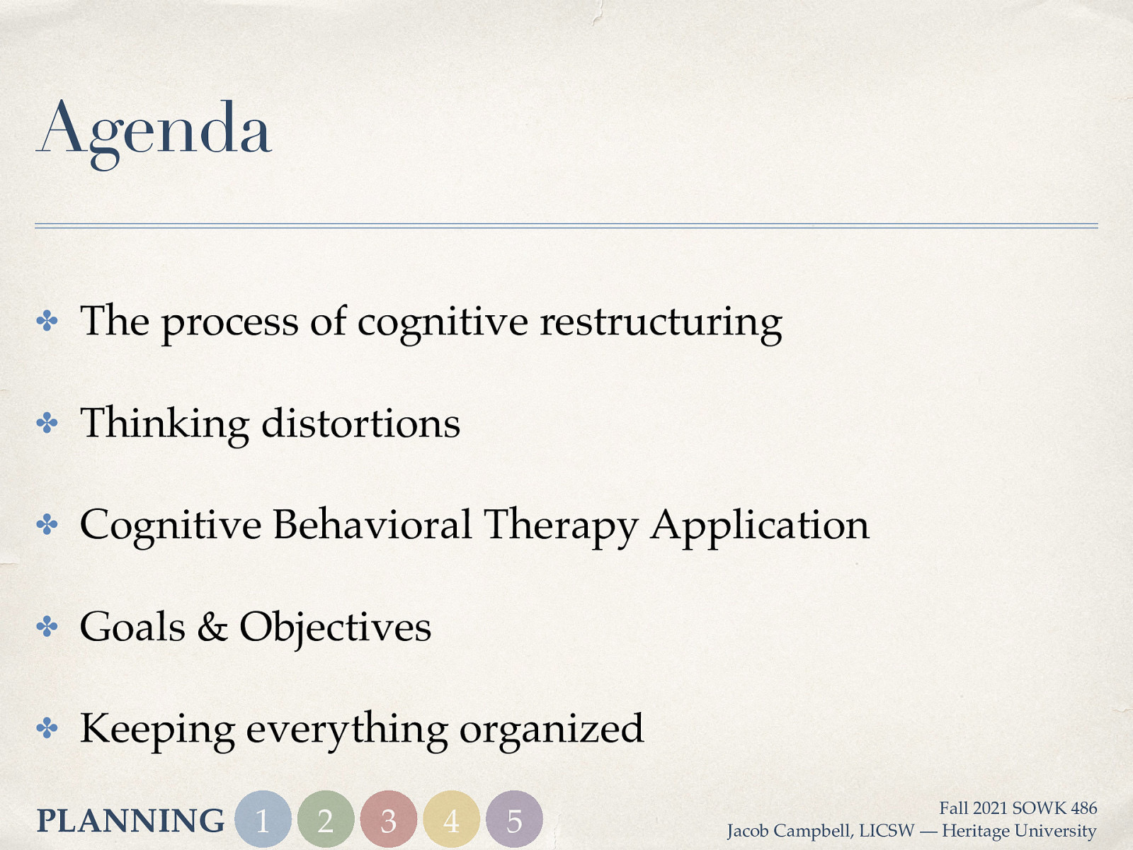 Agenda ✤ The process of cognitive restructuring ✤ Thinking distortions ✤ Cognitive Behavioral Therapy Application ✤ Goals & Objectives ✤ Keeping everything organized PLANNING 1 2 3 4 5 Fall 2021 SOWK 486 Jacob Campbell, LICSW — Heritage University
