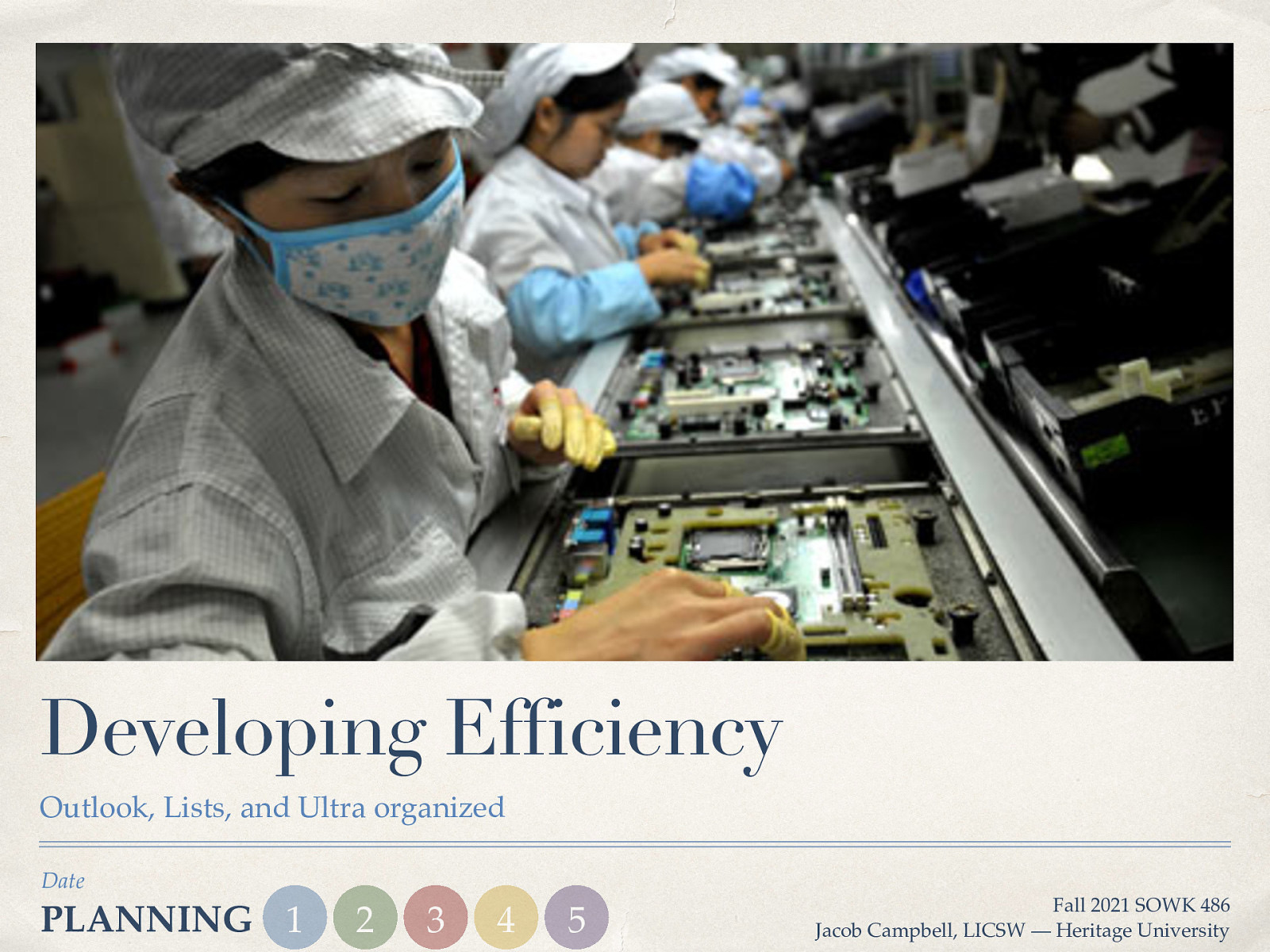 Developing Efficiency Outlook, Lists, and Ultra organized Date PLANNING 1 2 3 4 5 Fall 2021 SOWK 486 Jacob Campbell, LICSW — Heritage University
