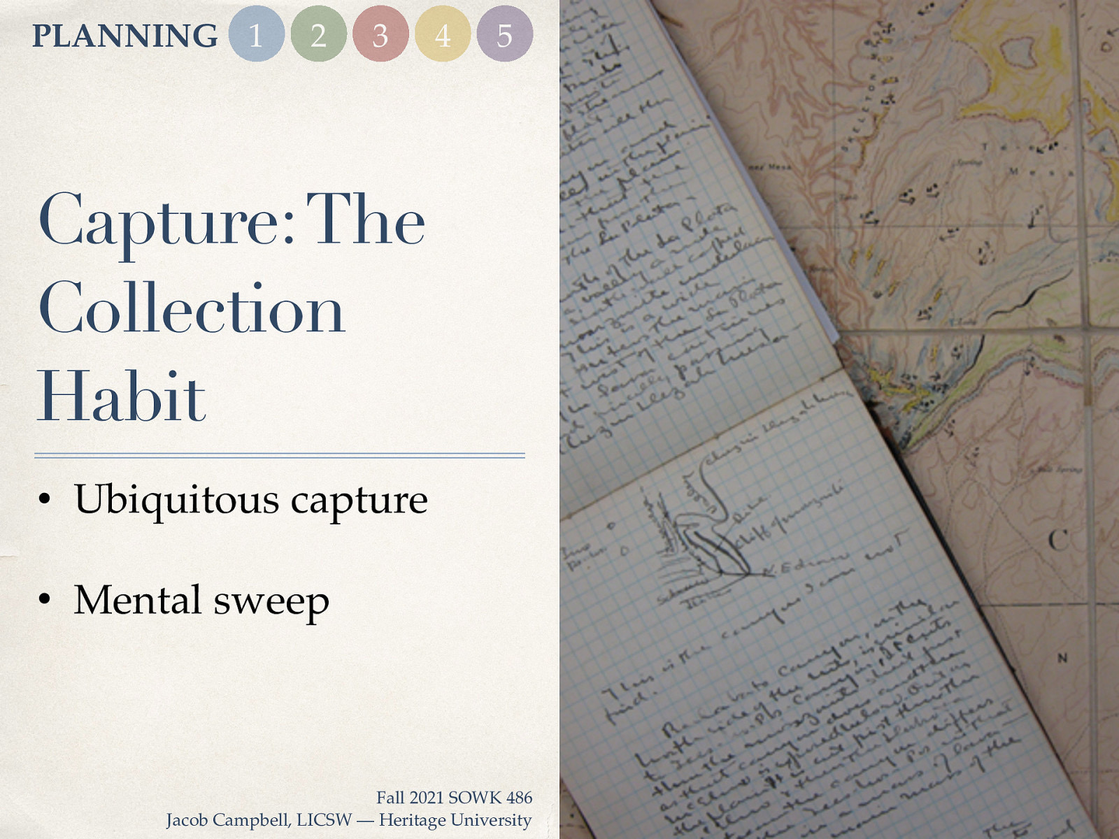 PLANNING 1 2 3 4 5 Capture: The Collection Habit • Ubiquitous capture • Mental sweep Fall 2021 SOWK 486 Jacob Campbell, LICSW — Heritage University 01
