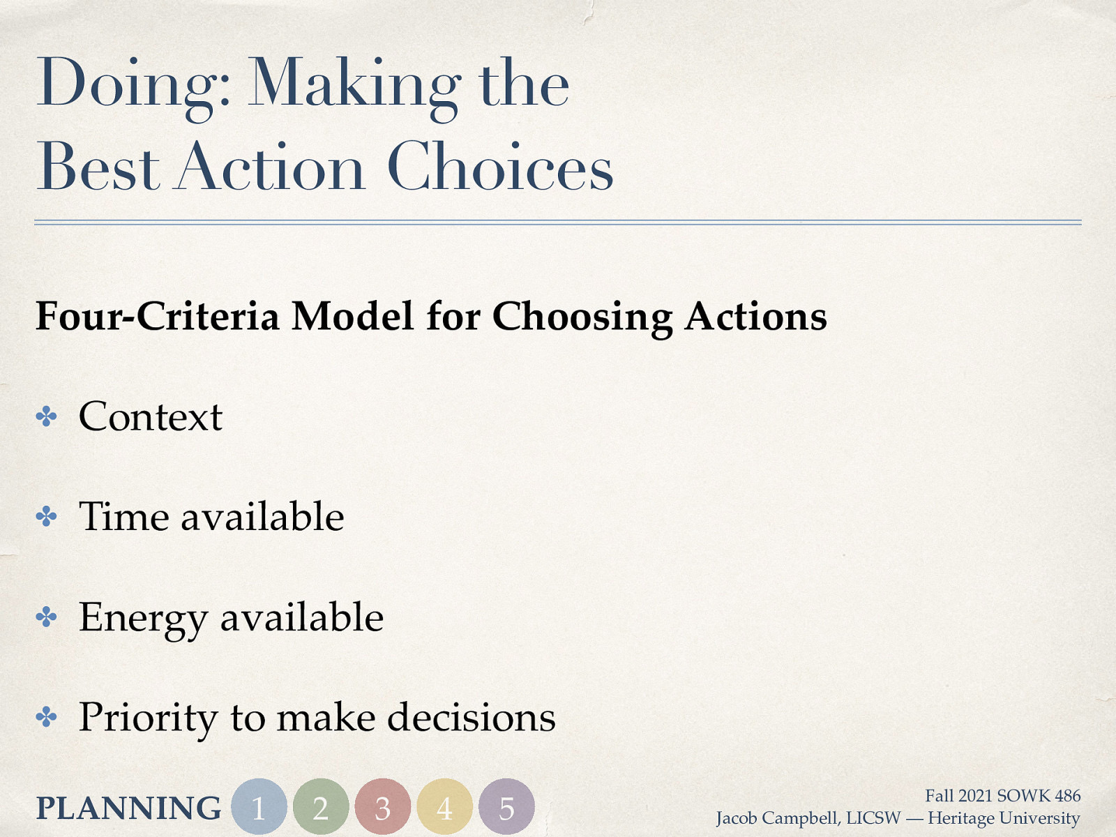 Doing: Making the Best Action Choices Four-Criteria Model for Choosing Actions ✤ Context ✤ Time available ✤ Energy available ✤ Priority to make decisions PLANNING 1 2 3 4 5 Fall 2021 SOWK 486 Jacob Campbell, LICSW — Heritage University
