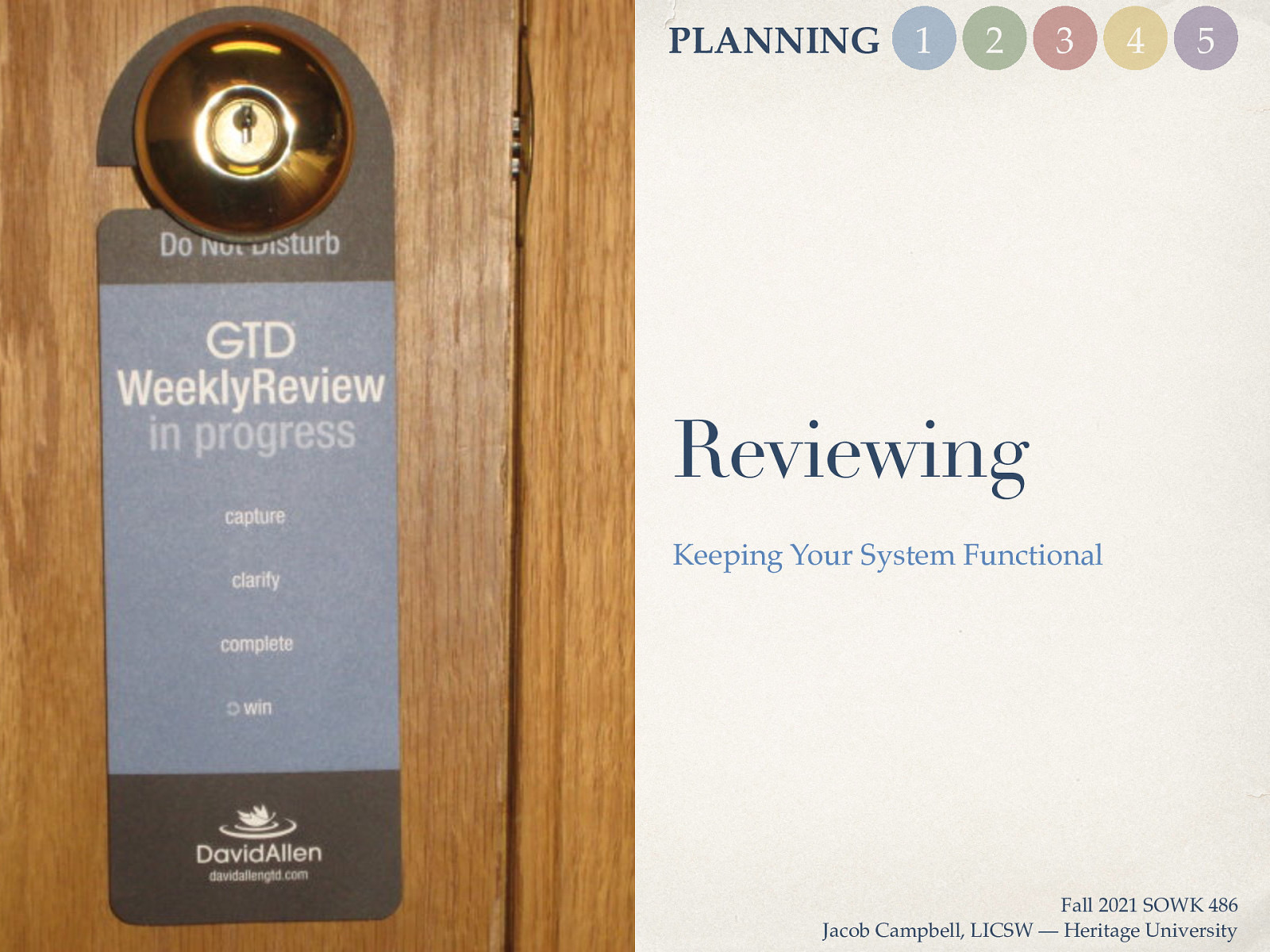 PLANNING 1 2 3 4 5 Reviewing Keeping Your System Functional Fall 2021 SOWK 486 Jacob Campbell, LICSW — Heritage University
