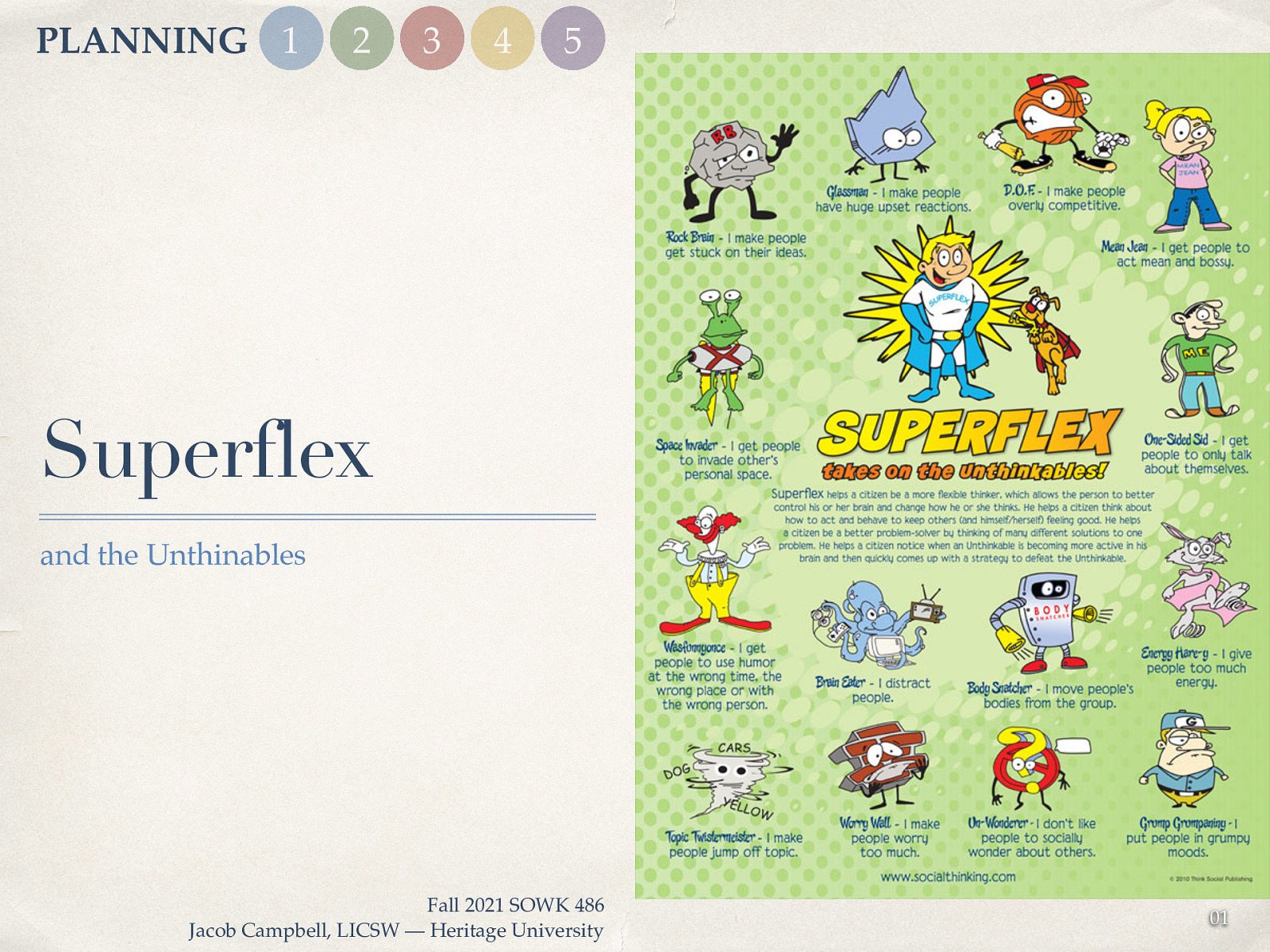 PLANNING 1 2 3 4 5 Superflex and the Unthinables Fall 2021 SOWK 486 Jacob Campbell, LICSW — Heritage University 01
