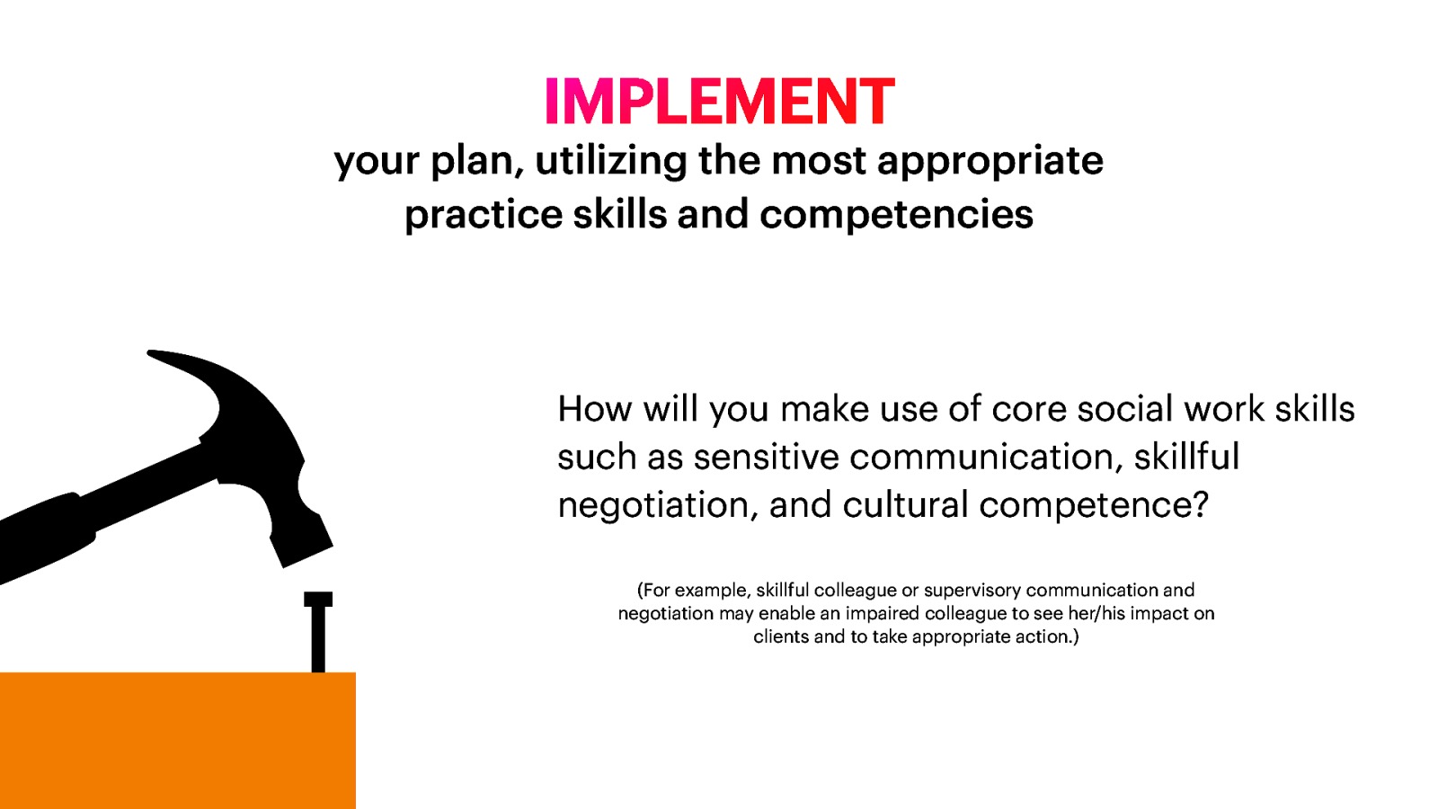 IMPLEMENT your plan, utilizing the most appropriate practice skills and competencies How will you make use of core social work skills such as sensitive communication, skillful negotiation, and cultural competence? (For example, skillful colleague or supervisory communication and negotiation may enable an impaired colleague to see her/his impact on clients and to take appropriate action.)
