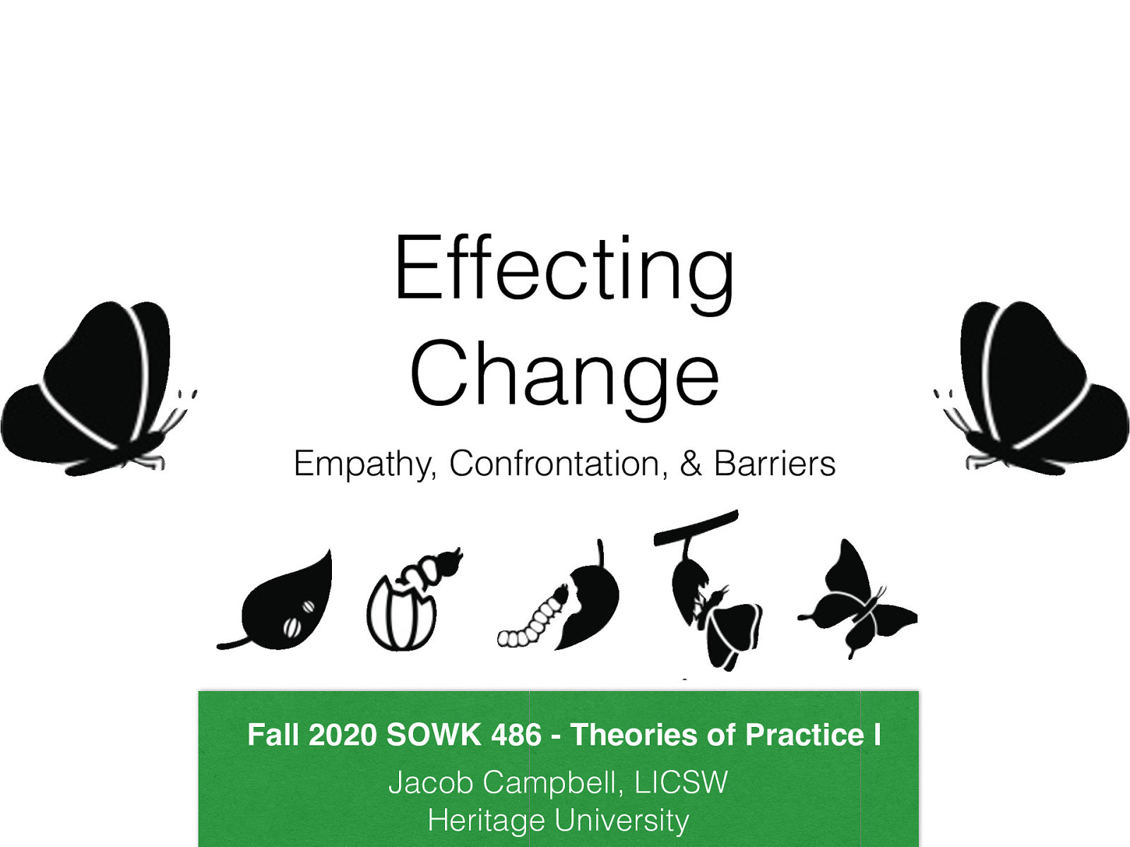 Location: Online - Zoom Time: Monday’s from 5:30-8:15 Week 11:  11/02/20 Topic and Content Area: Effecting Change Reading Assignment: Hepworth et al. (2017) chapter 17 and 18 Assignments Due:   A–02: Asynchronous Class Engagement Addressing barriers to change discussion forum with an initial post due Friday 11/06/20 at 11:55 PM and two replies due Sunday 11/08/20 at 11:55 PM via My Heritage Class Forums   A–03: Reading Quiz for chapters 17 and 18 is due at 5:30 PM before class via My Heritage   Other Important Information: N/A
