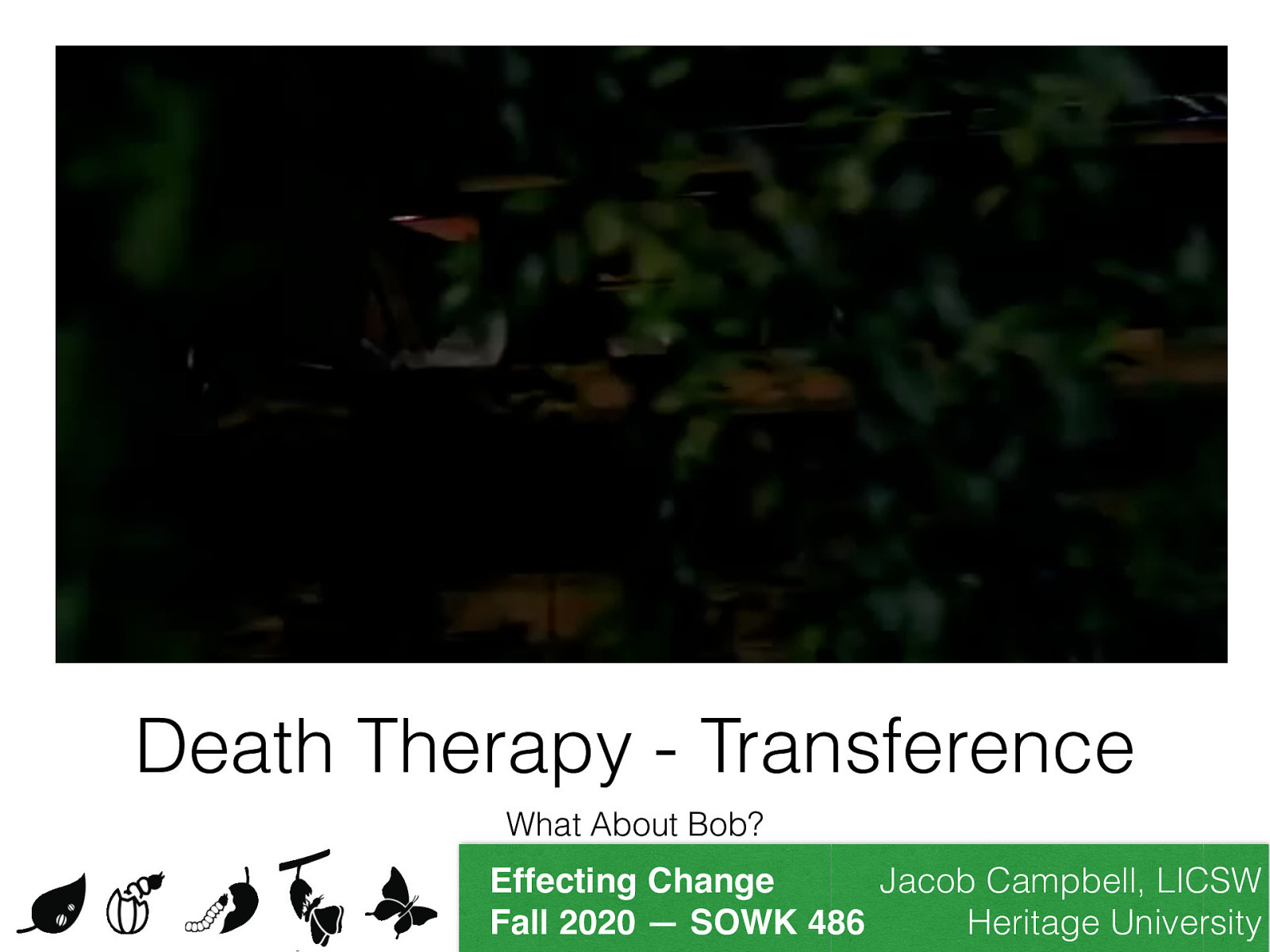  Oz, F. (1991). What About Bob?. What About Bob? (1991). Retrieved from http://www.imdb.com/title/tt0103241/   [Discussion] How many of you have seen the movie “What About Bob?”   [Watch] Death Therapy off of What About Bob.   [Discussion] How could this be an example of transference or counter transference? [Not exactly an correct example… but for discussion]   Transference  Psychoanalysis - the redirection to a substitute, usually a therapist, of emotions that were originally felt in childhood. Client has transference to the clinician    Counter-transference  You have transference to the client     [Discussion] What are some examples of transference and counter transference 
