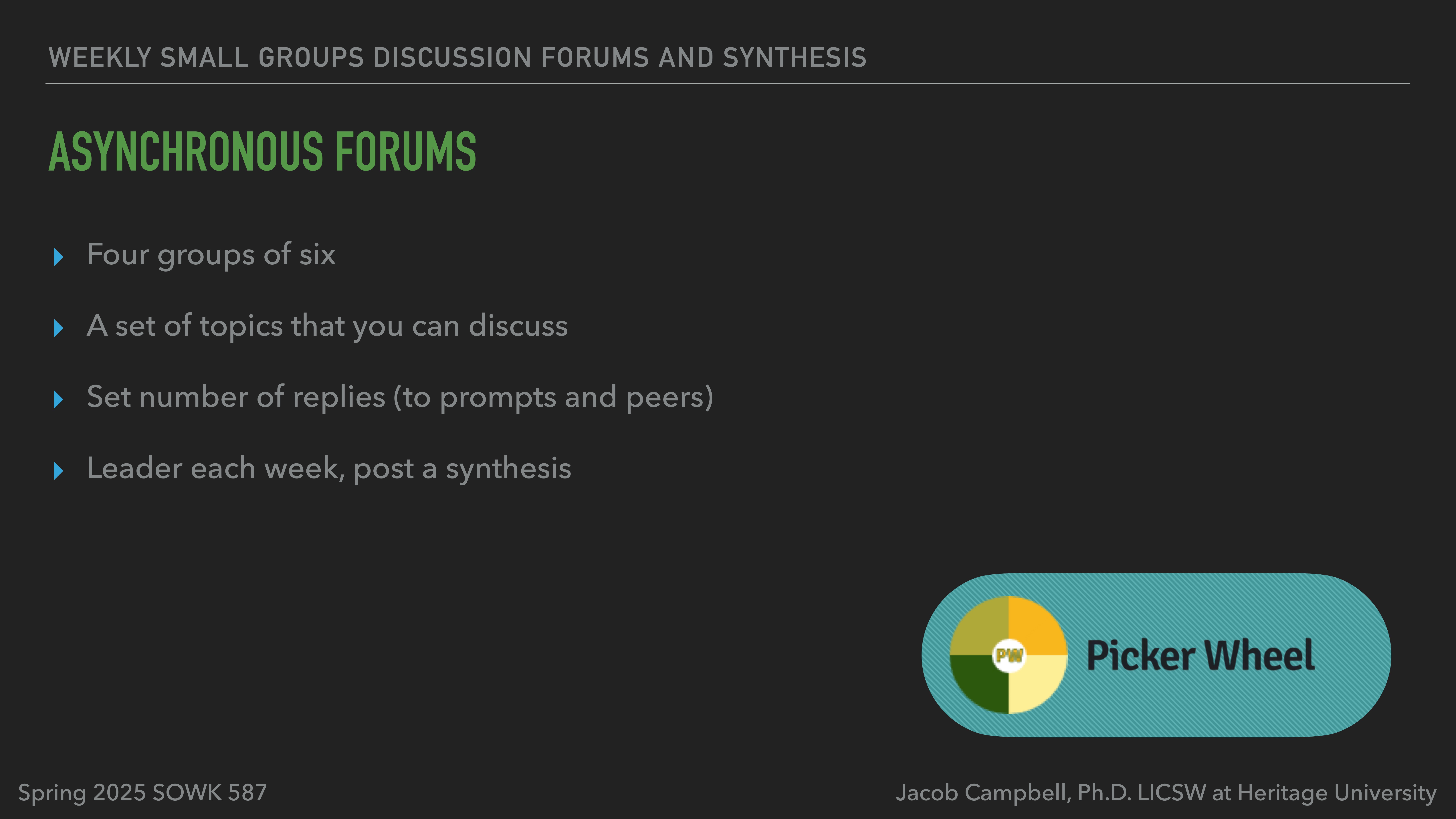 Slide detailing 'Asynchronous Forums': Four groups of six discuss set topics with specified replies. Weekly leaders post syntheses. Includes 'Picker Wheel' graphic in bottom right. Course: Spring 2025 SOWK 587.