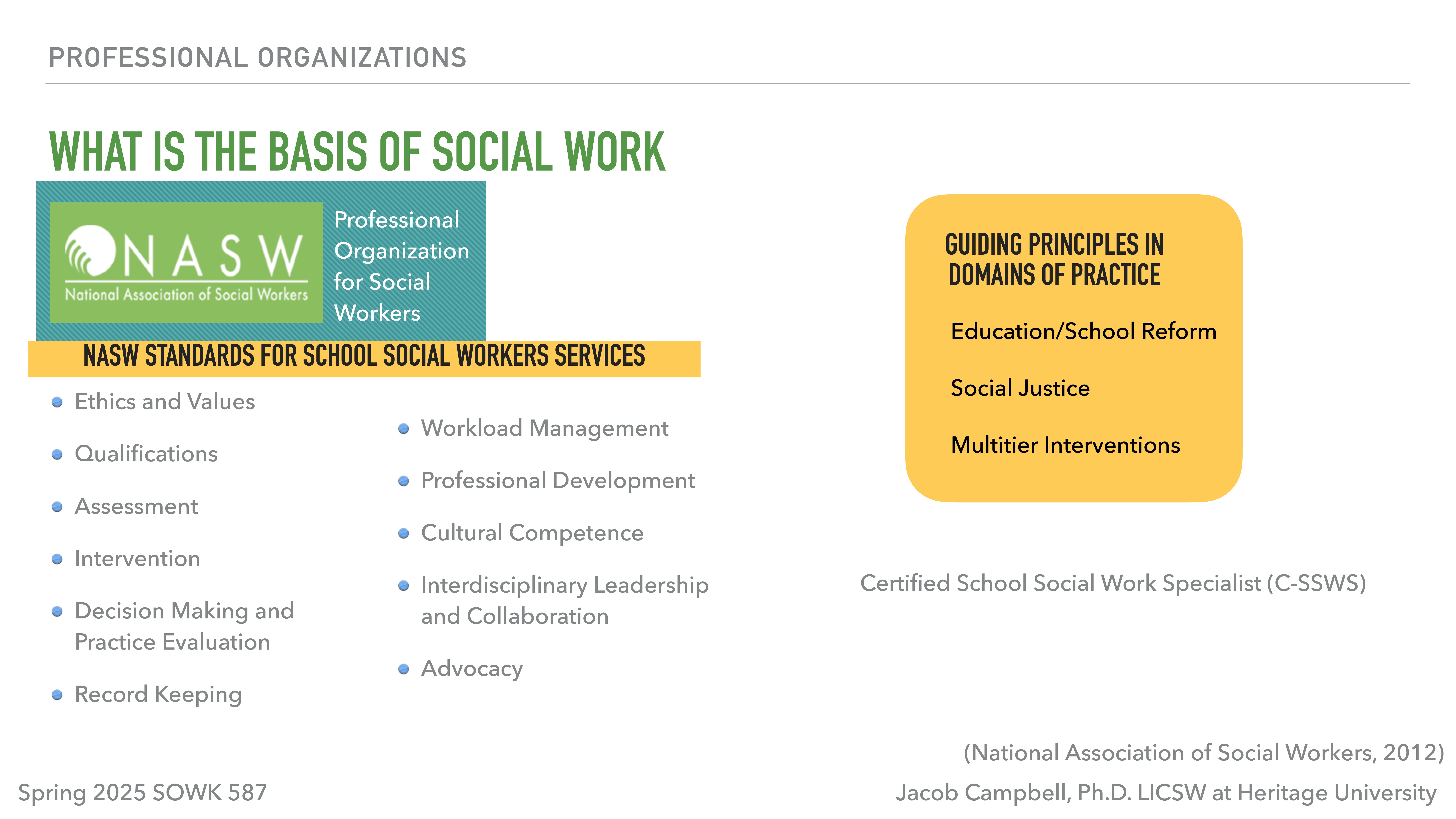 Presentation slide with text detailing the basis of social work, featuring NASW standards and guiding principles. Key areas include ethics, management, advocacy, education reform, and social justice. Credits: Jacob Campbell, Ph.D., Heritage University.