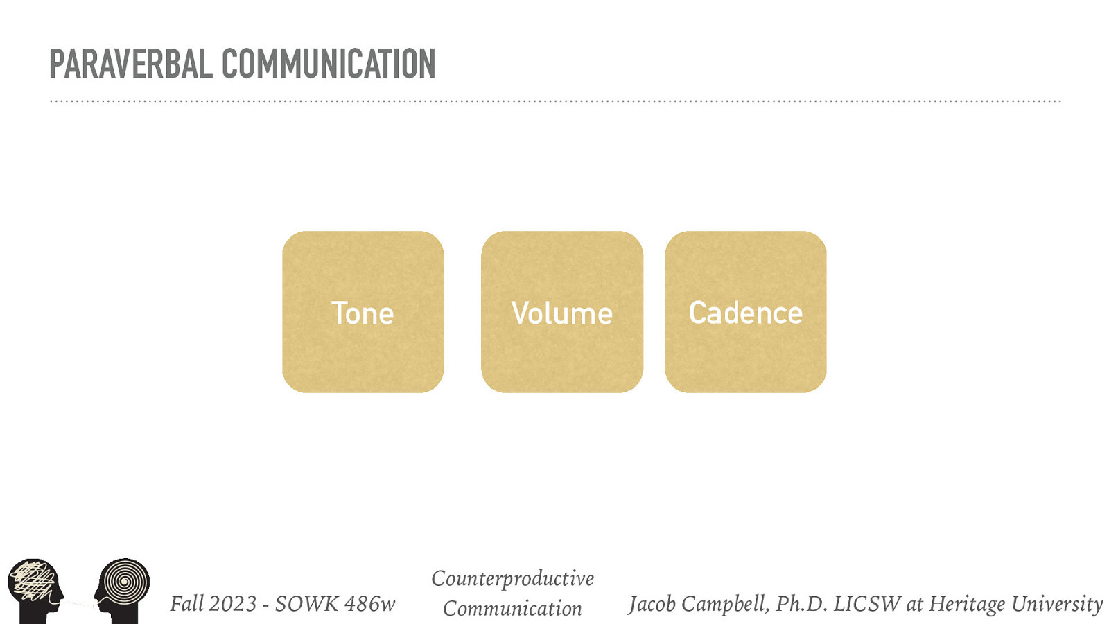 PARAVERBAL COMMUNICATION Tone Fall 2023 - SOWK 486w Volume Counterproductive Communication Cadence Jacob Campbell, Ph.D. LICSW at Heritage University
