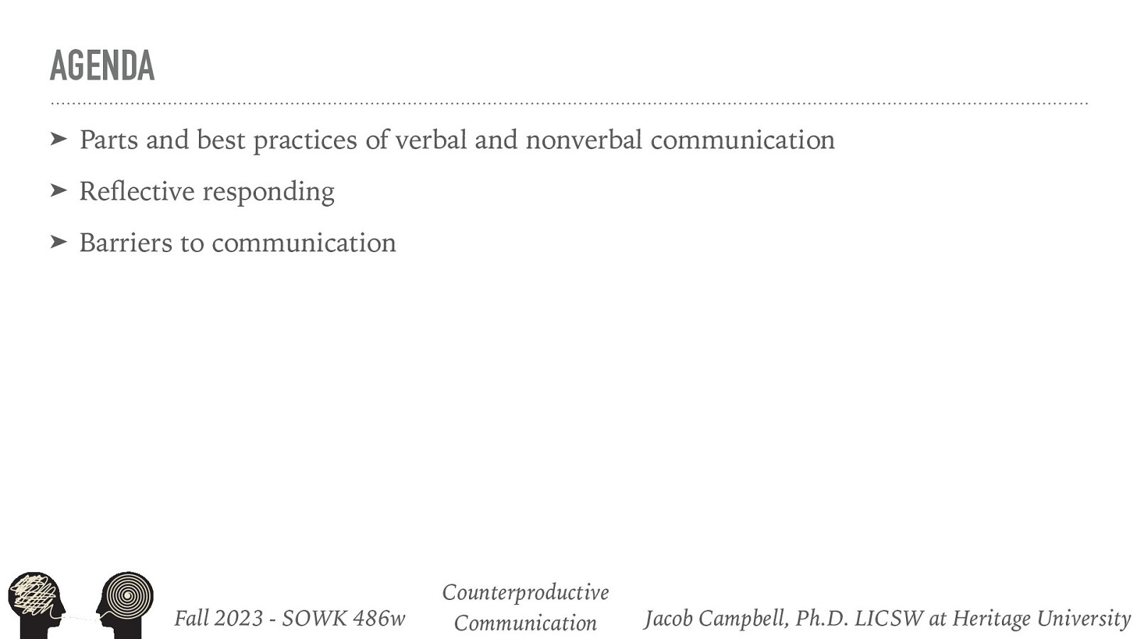 AGENDA ➤ Parts and best practices of verbal and nonverbal communication ➤ Re ective responding ➤ Barriers to communication fl Fall 2023 - SOWK 486w Counterproductive Communication Jacob Campbell, Ph.D. LICSW at Heritage University
