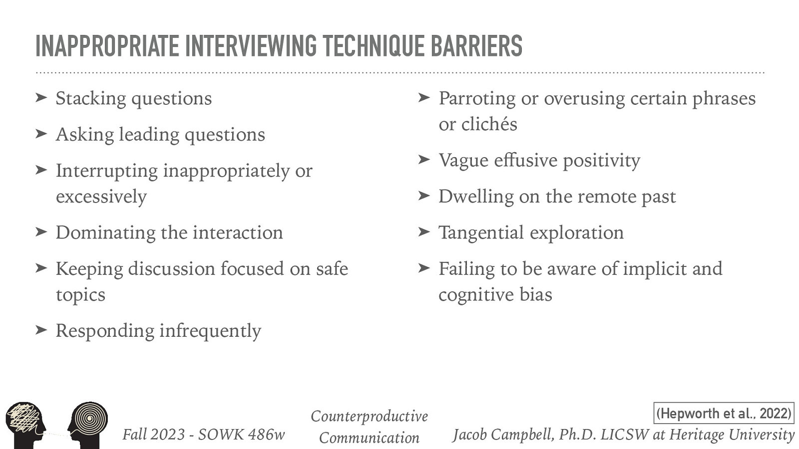 INAPPROPRIATE INTERVIEWING TECHNIQUE BARRIERS ➤ Stacking questions ➤ Parroting or overusing certain phrases or clichés ➤ Asking leading questions Interrupting inappropriately or excessively ➤ Vague e usive positivity ➤ Dwelling on the remote past ➤ Dominating the interaction ➤ Tangential exploration ➤ Keeping discussion focused on safe topics ➤ Failing to be aware of implicit and cognitive bias ➤ Responding infrequently Fall 2023 - SOWK 486w ff ➤ Counterproductive Communication (Hepworth et al., 2022) Jacob Campbell, Ph.D. LICSW at Heritage University
