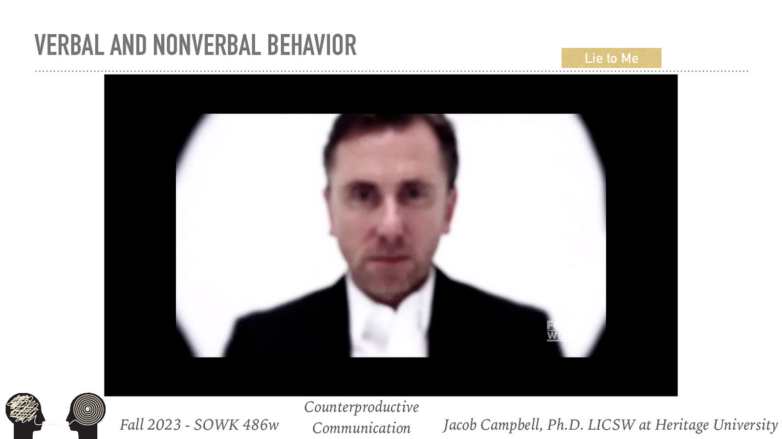 VERBAL AND NONVERBAL BEHAVIOR Fall 2023 - SOWK 486w Counterproductive Communication Lie to Me Jacob Campbell, Ph.D. LICSW at Heritage University
