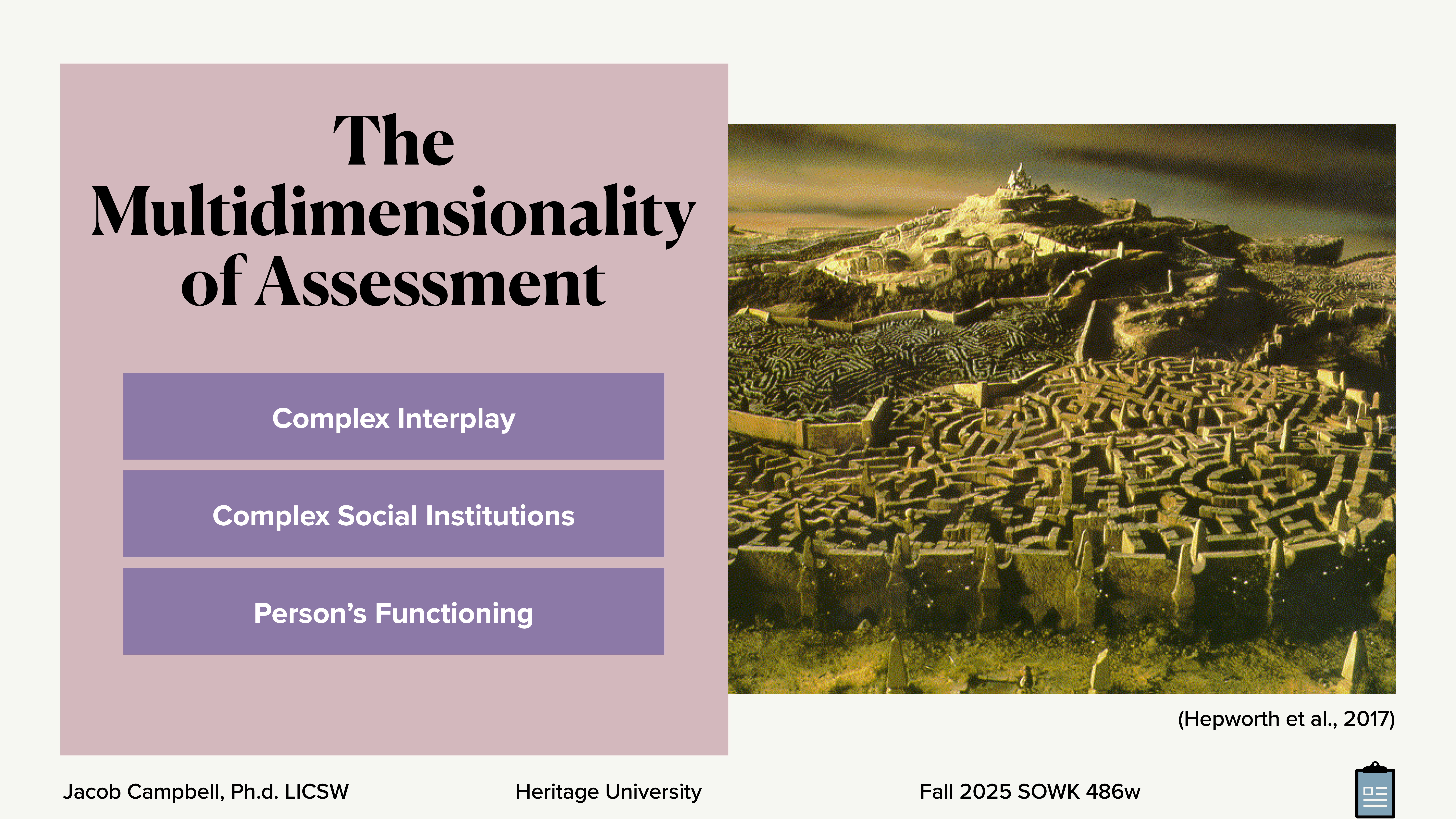 Title text reads 'The Multidimensionality of Assessment.' The slide features a three-tiered list: 'Complex Interplay,' 'Complex Social Institutions,' 'Person's Functioning.' On the right, an image of an intricate, sprawling labyrinth under a dark sky. Jacob Campbell, Ph.D. LICSW  Heritage University  Fall 2025 SOWK 486w  (Hepworth et al., 2017)