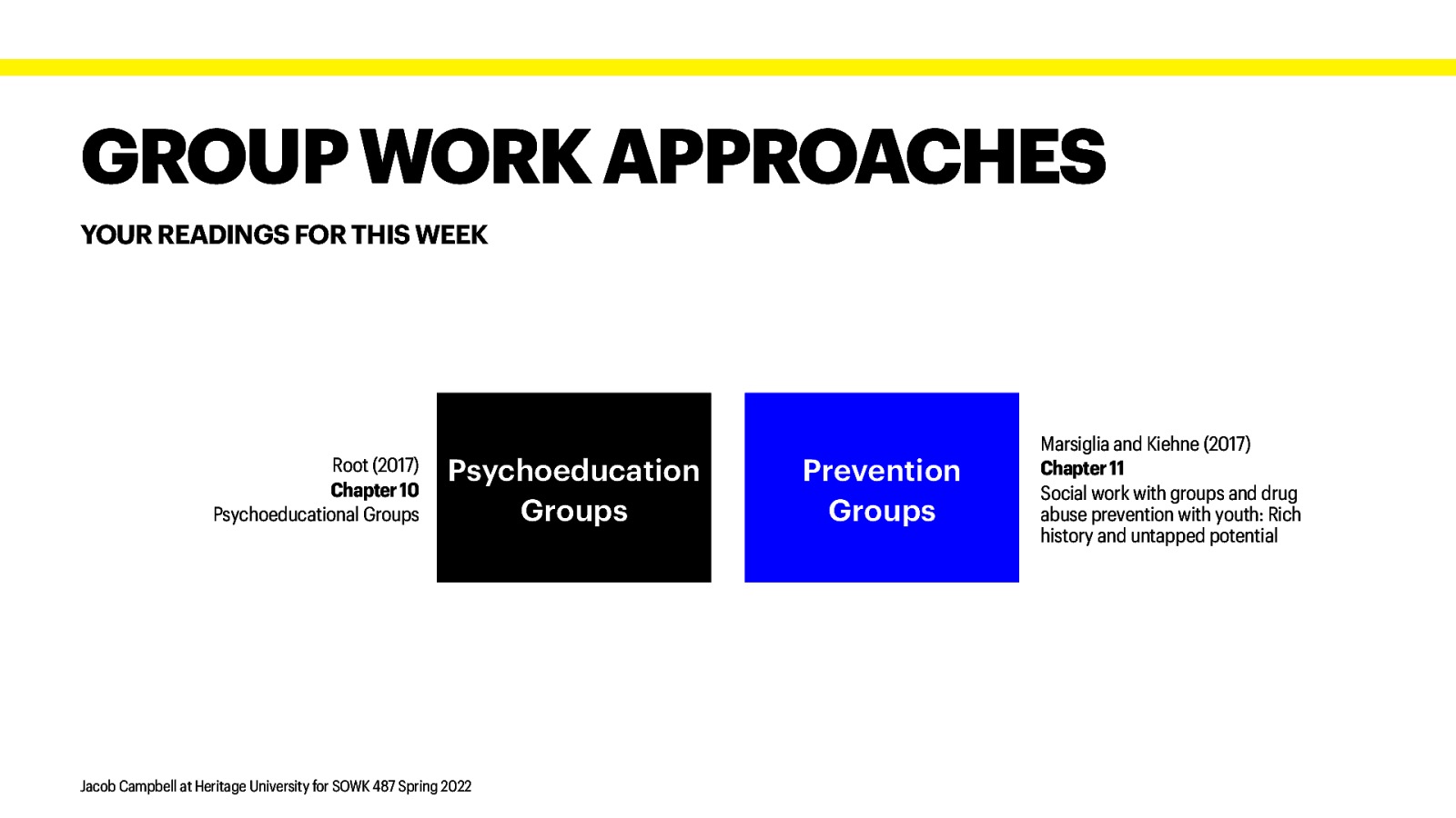 GROUP WORK APPROACHES YOUR READINGS FOR THIS WEEK Root (2017) Chapter 10 Psychoeducational Groups Psychoeducation Groups Jacob Campbell at Heritage University for SOWK 487 Spring 2022 Prevention Groups Marsiglia and Kiehne (2017) Chapter 11 Social work with groups and drug abuse prevention with youth: Rich history and untapped potential
