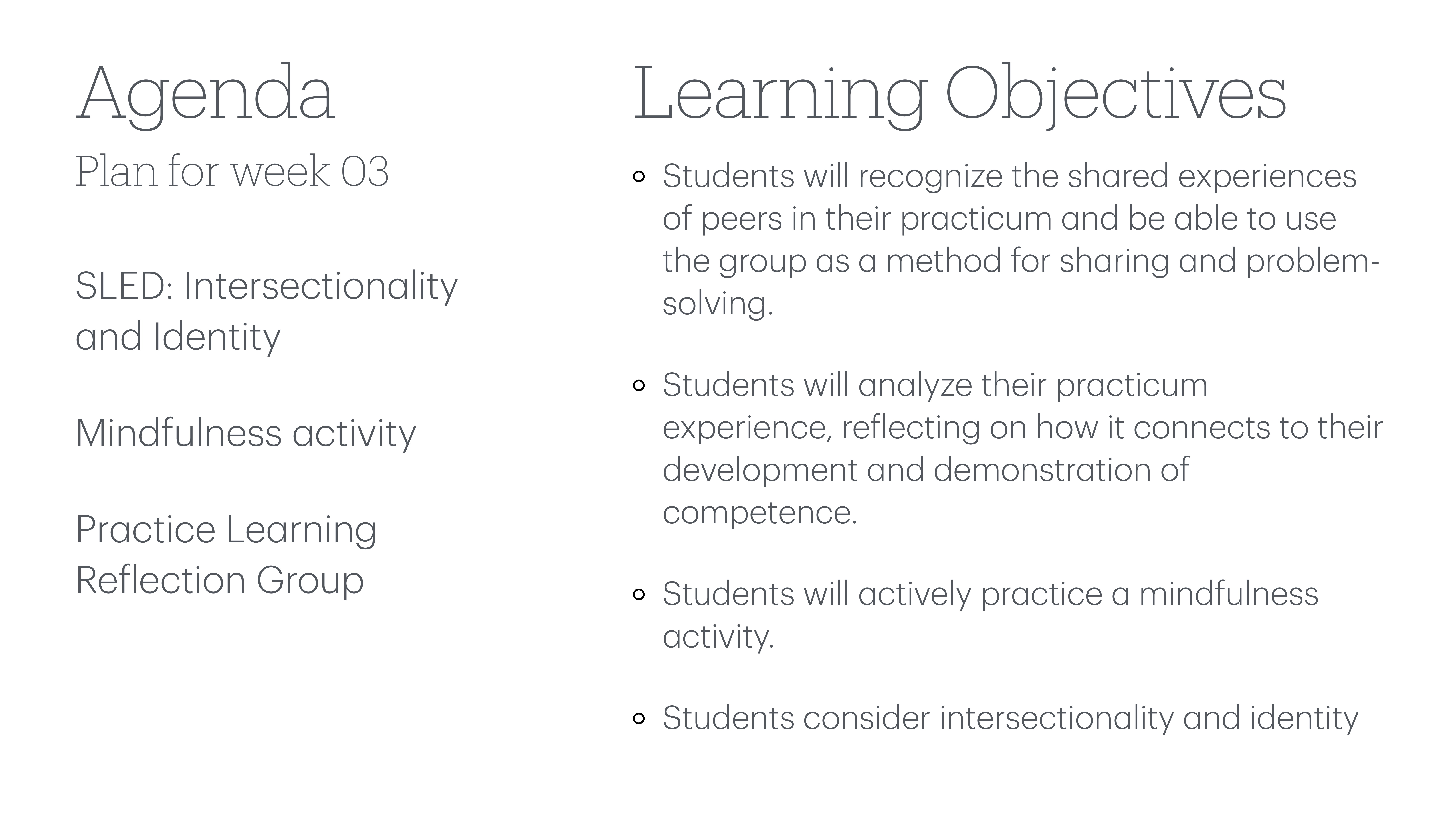 The image contains a presentation slide with the following sections:- **Agenda:** Plan for week 03  - SLED: Intersectionality and Identity  - Mindfulness activity  - Practice Learning Reflection Group- **Learning Objectives:**  - Students will recognize shared practicum experiences.  - Students will analyze practicum connections to competence.  - Students will practice mindfulness.  - Students consider intersectionality and identity.