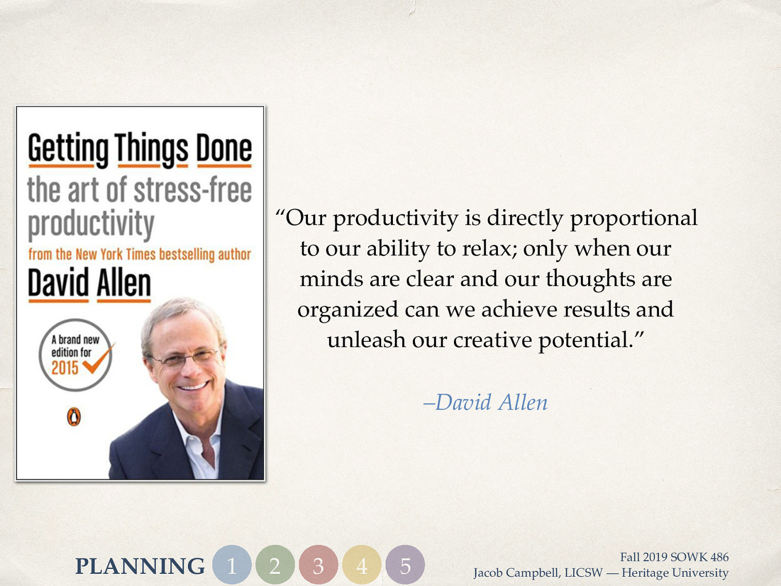  Working with a diverse set of clients dictates being organized.   [Discussion] How do you keep yourself organized?   What to keep track of  Tasks you gave yourself Tasks you gave your client Tasks your supervisor has given you Paperwork deadlines Various resource information (who, for what, services, guidelines… etc)   Having a set up system   David Allen discusses a Buddhist idea of mind like water. How it is calm and tranquil until it is called into action, for example throwing a stone into the water. 
