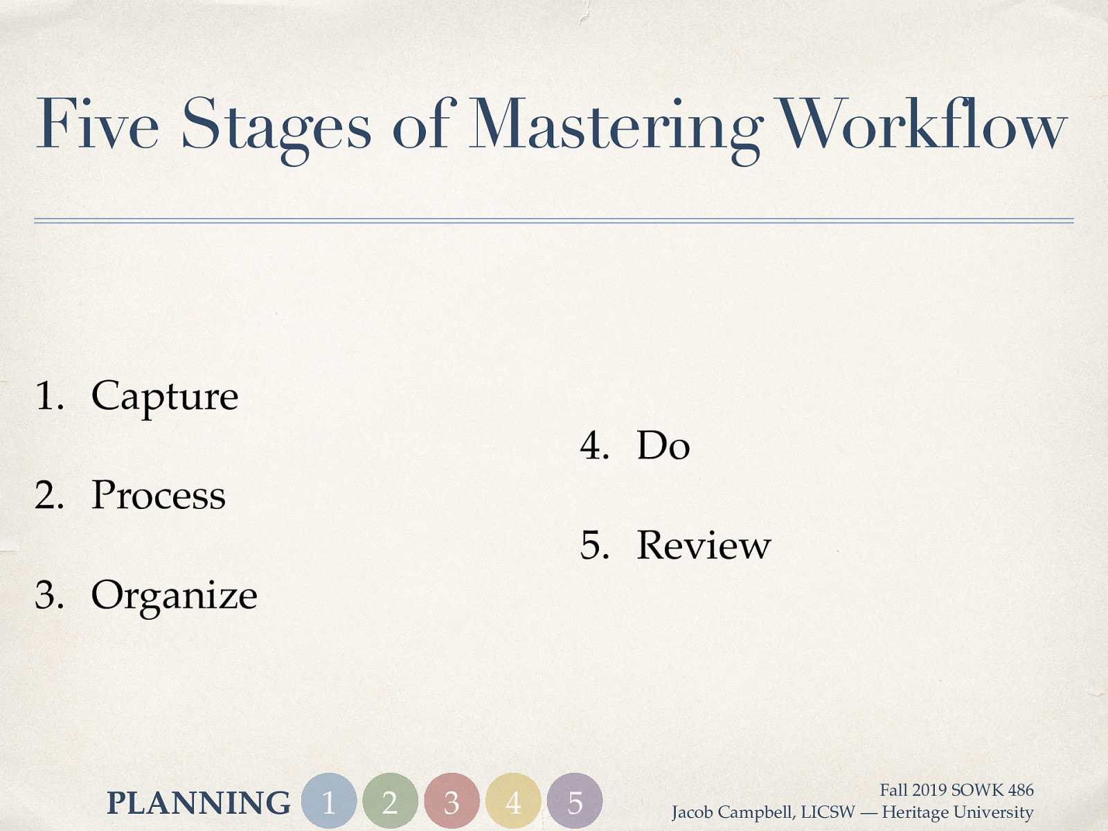  He talks about the being able to create workflow. We will talk abut each of these.   Capture Process Organize Do Review 
