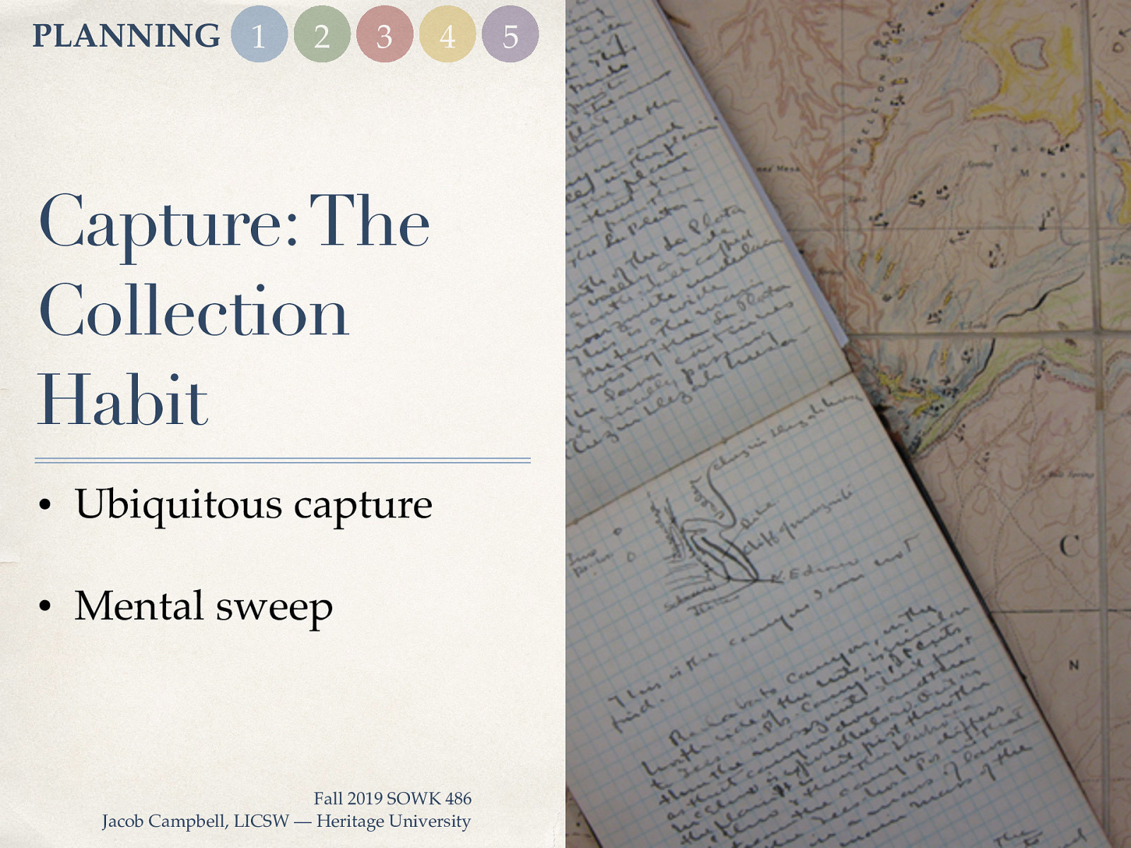  He talks about that we have to be able to capture all of the tasks and demands that come up. A system that gets everything.   Ubiquitous capture Mental sweep 
