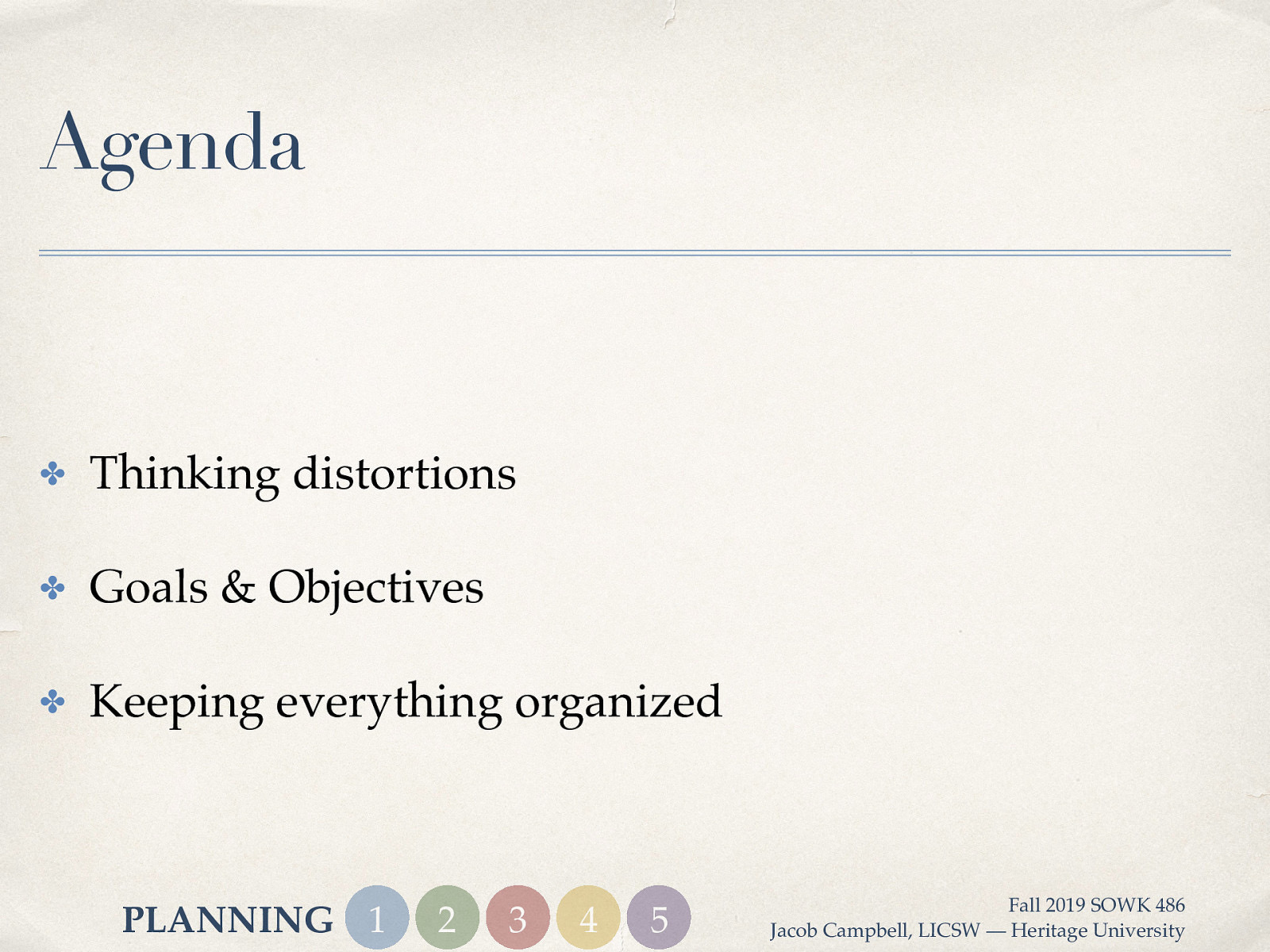  Thinking distortions Goals & Objectives Keeping everything organized Planning process 
