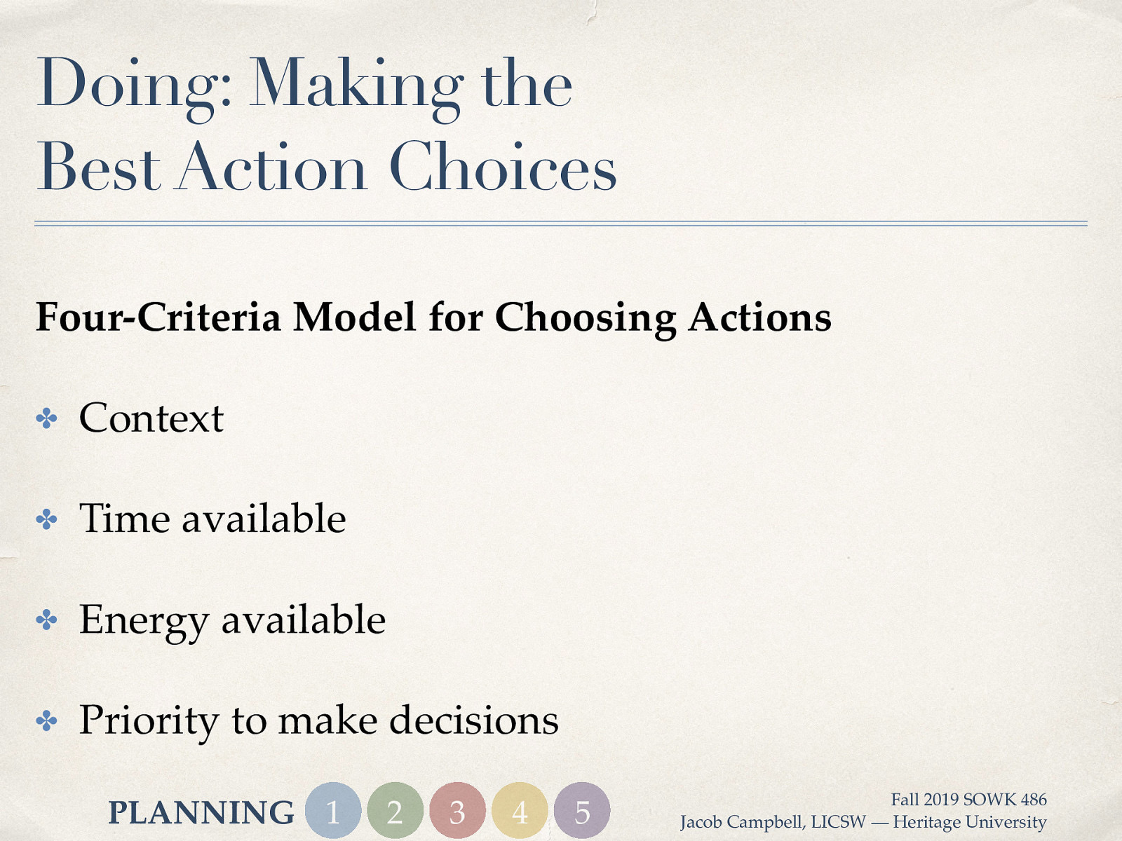  He describers four criteria for determining what to do.  Four-Criteria Model for Choosing Actions  Context Time available Energy available Priority to make decisions 
