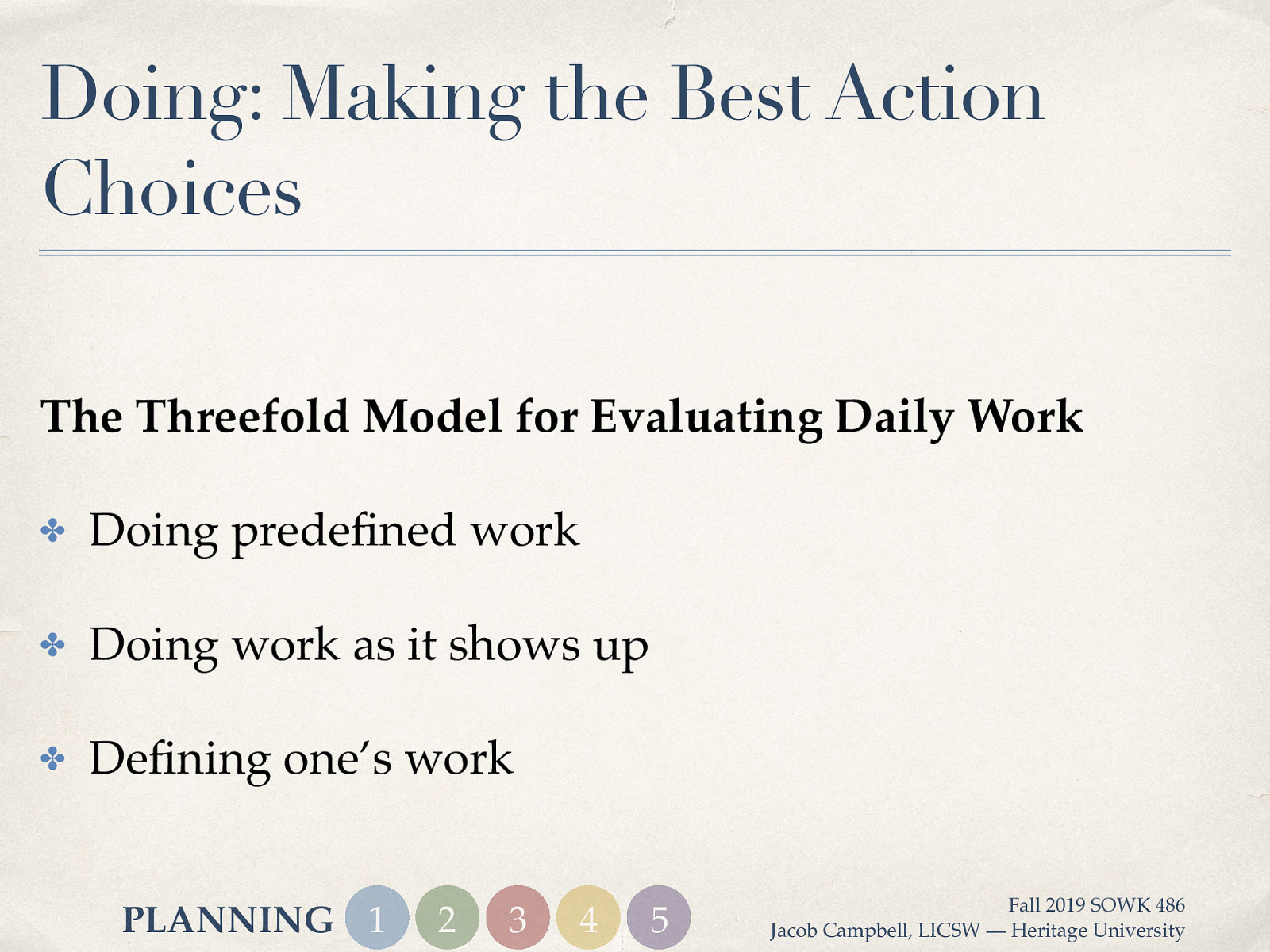  The Threefold Model for Evaluating Daily Work   Doing predefined work Doing work as it shows up Defining one’s work 
