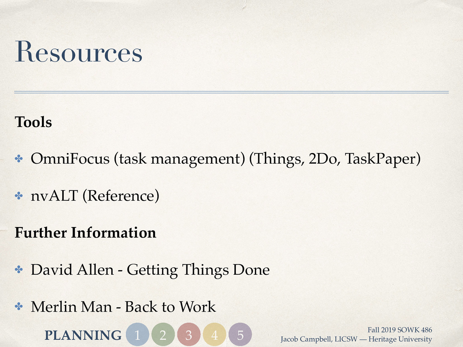 Tools OmniFocus (task management) (Things, 2Do, TaskPaper) nvALT (Reference) Further Information David Allen - Getting Things Done Merlin Man - Back to Work
