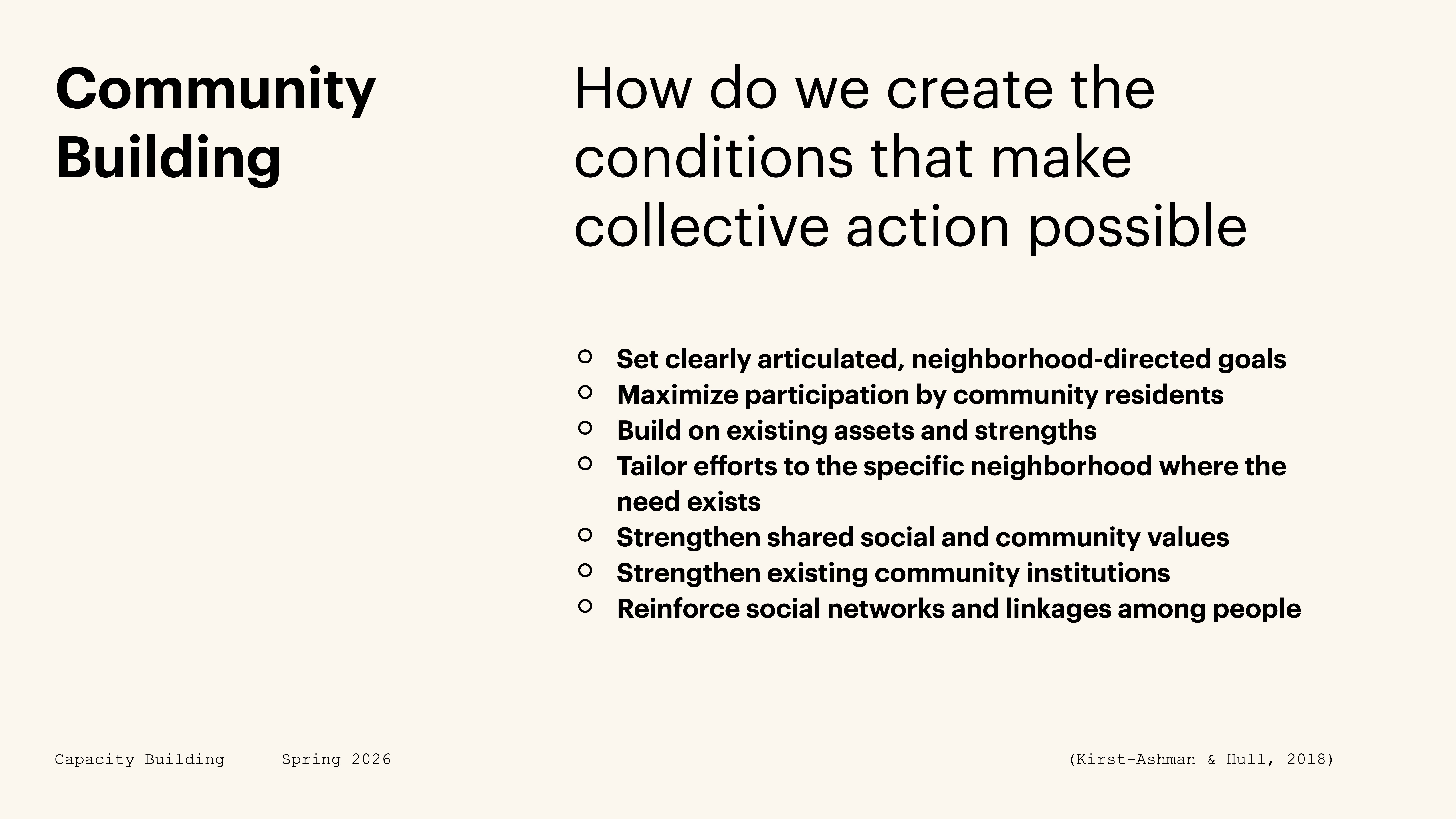 Text on a presentation slide titled 'Community Building' explores creating conditions for collective action. Key points include setting goals, maximizing participation, building on strengths, and reinforcing networks. Context: Capacity Building, Spring 2026.