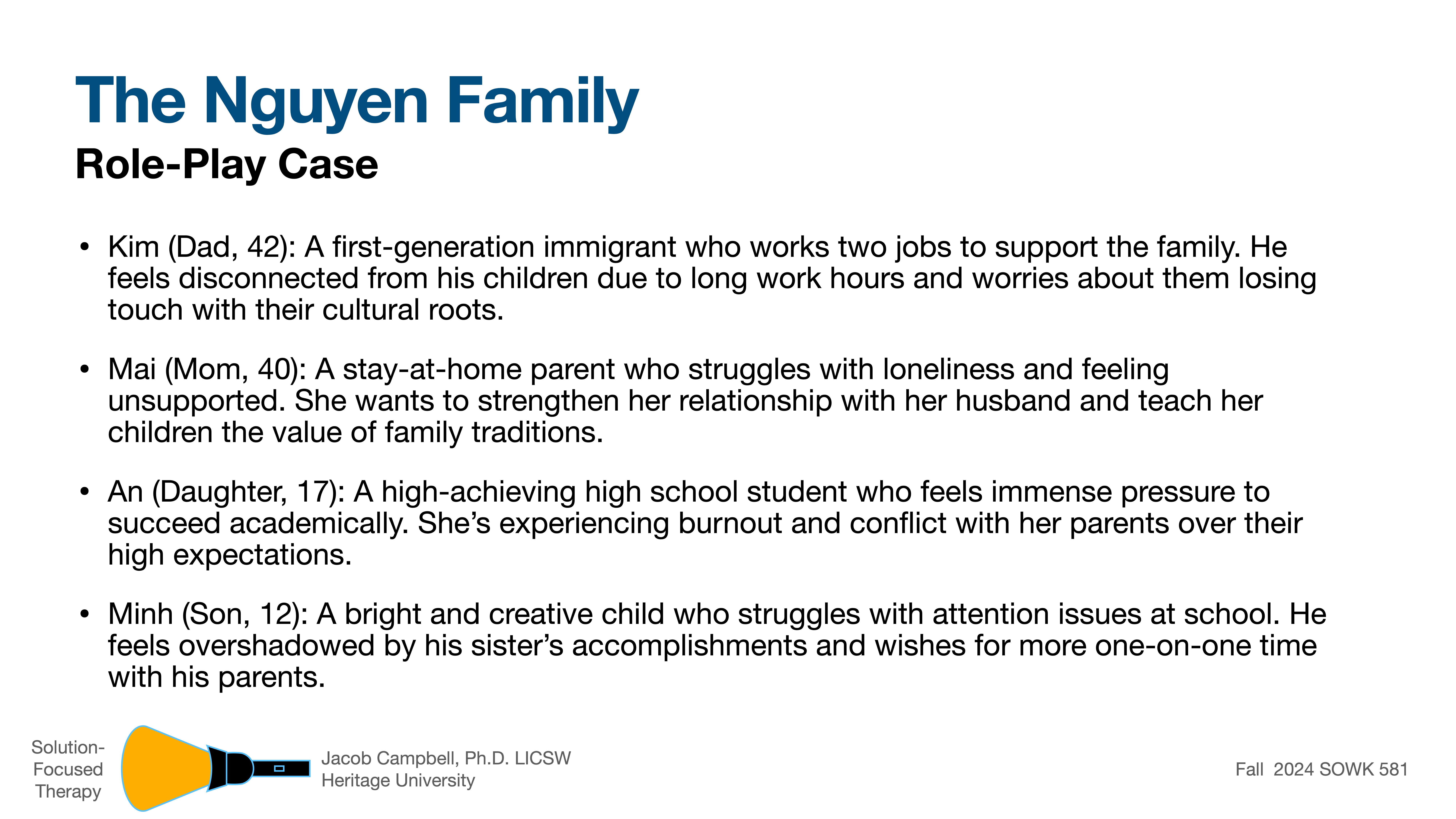 A slide titled 'The Nguyen Family Role-Play Case' details challenges faced by family members: Kim, Mai, An, and Minh. It emphasizes cultural roots, loneliness, academic pressure, and attention issues. 