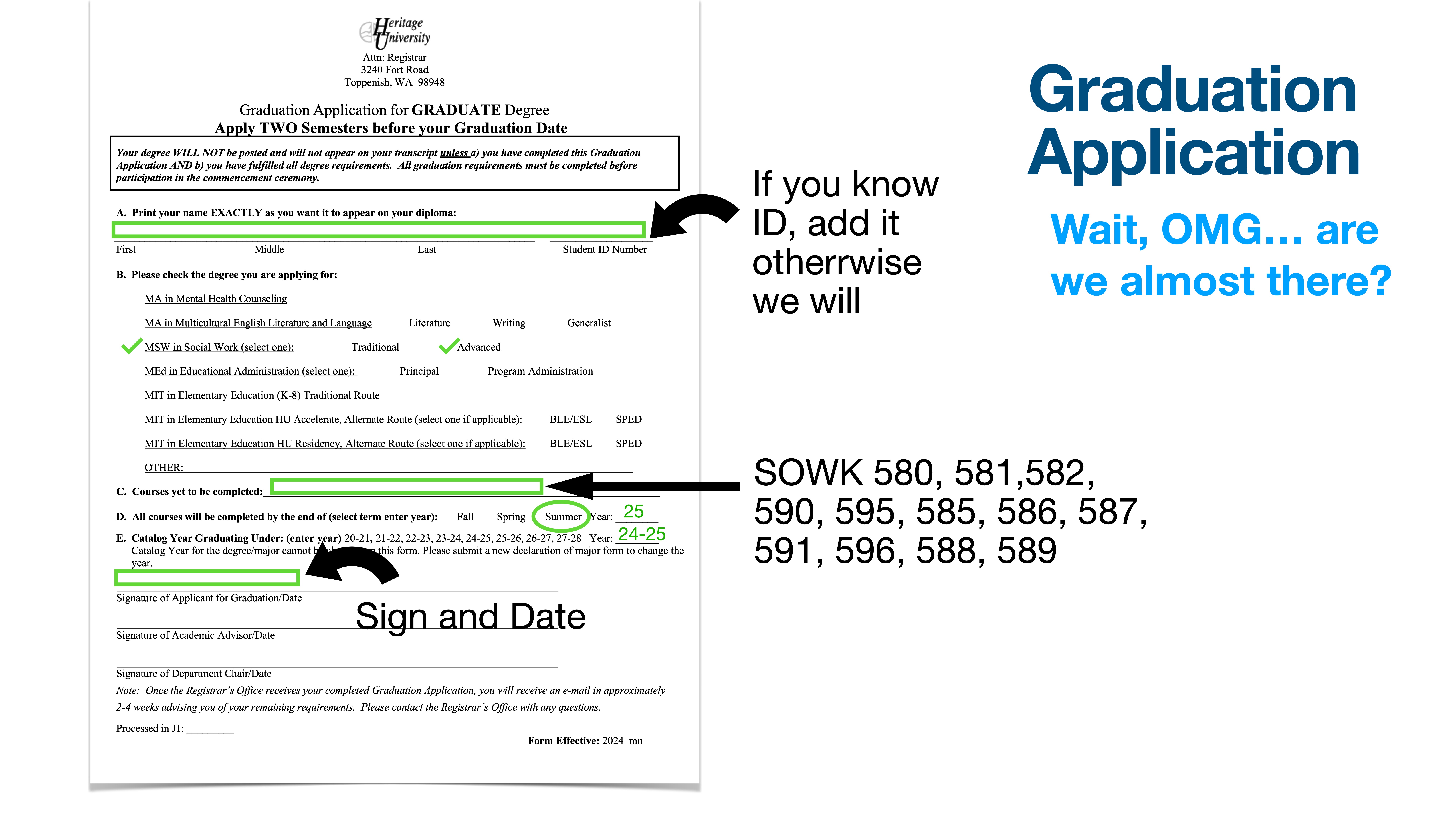 A graduation application form with text annotations highlights sections: 'If you know ID, add it otherwise we will,' 'Sign and Date,' and lists course numbers. Title: 'Graduation Application. Wait, OMG... are we almost there?'